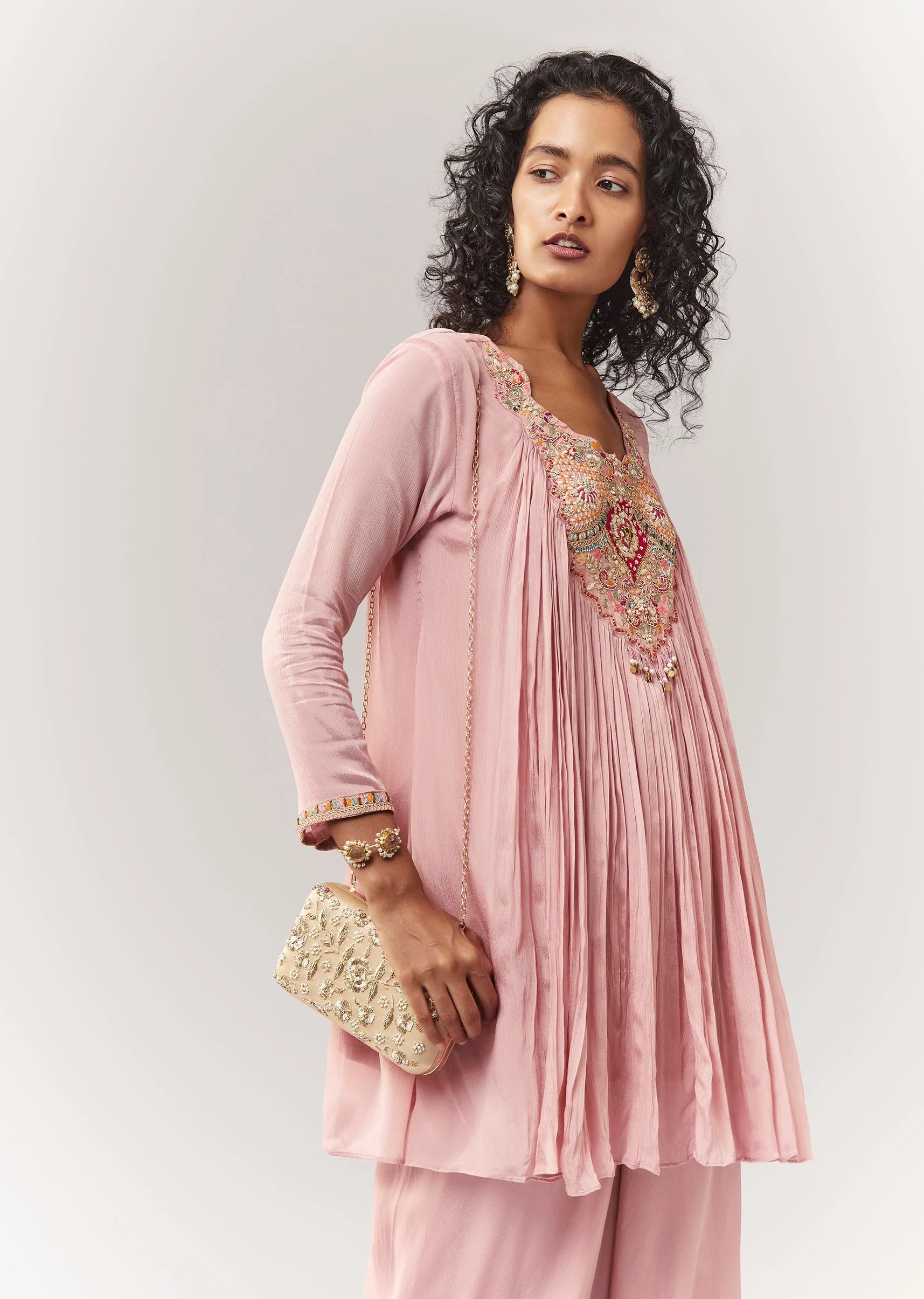 Pink Thread And Zardosi Cape Style Top With Palazzo - Image 4