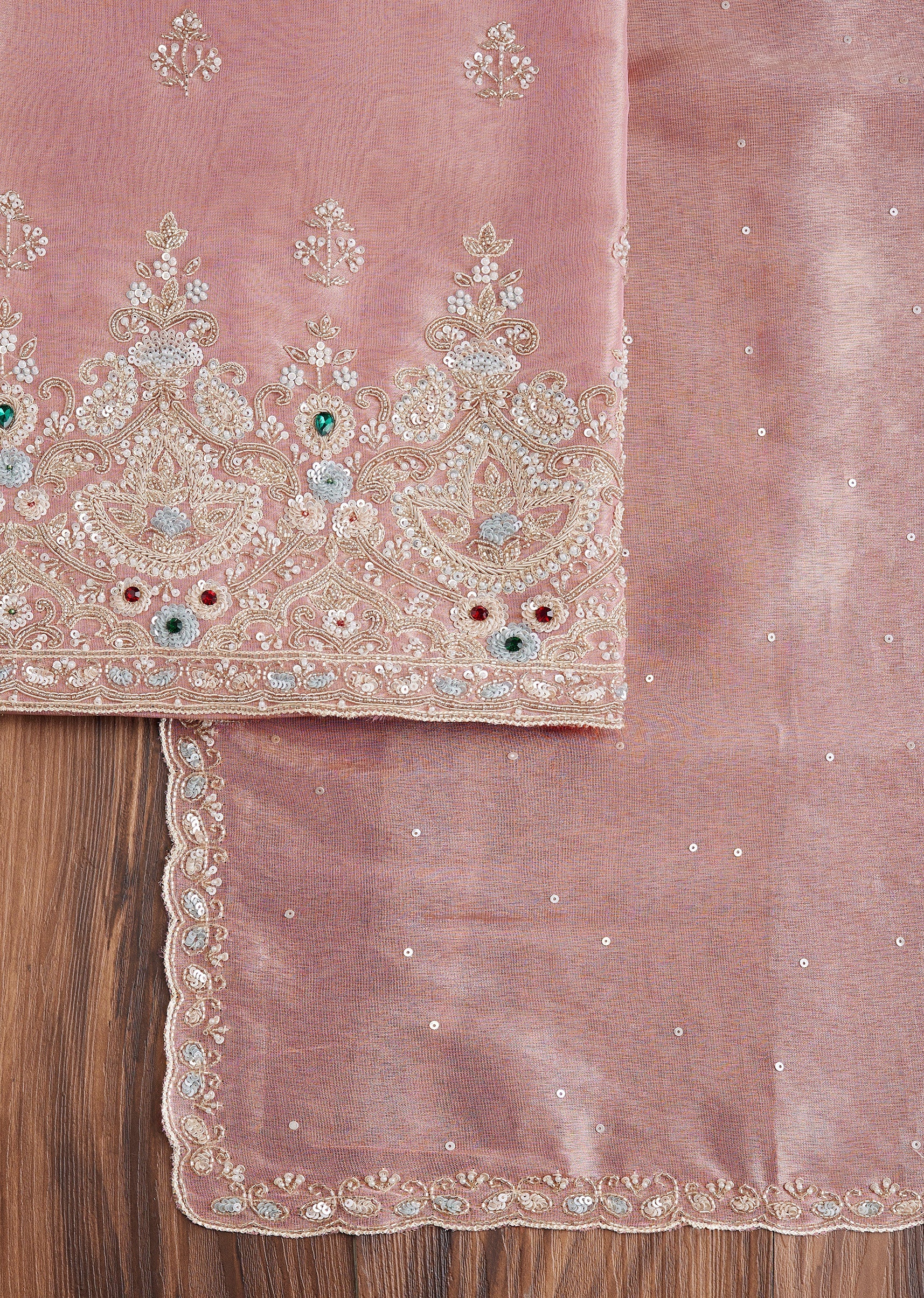 Pink Tissue Embroidered Dress Material Suit - Image 3