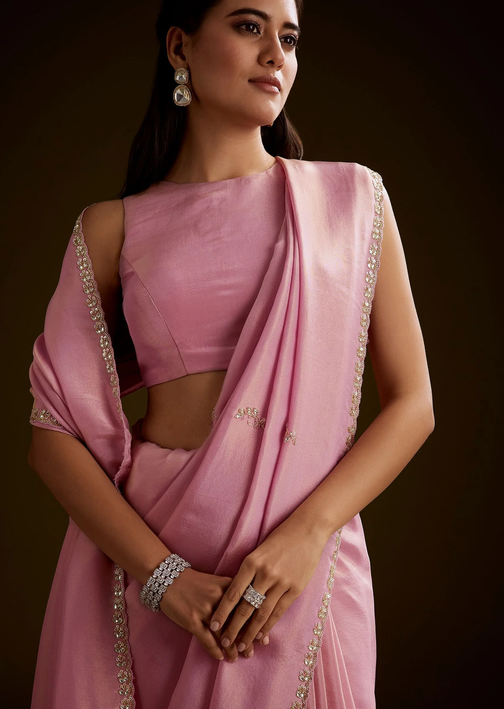 Pink Tissue Saree With Cutdana Embroidery And Scallop Border - Image 5