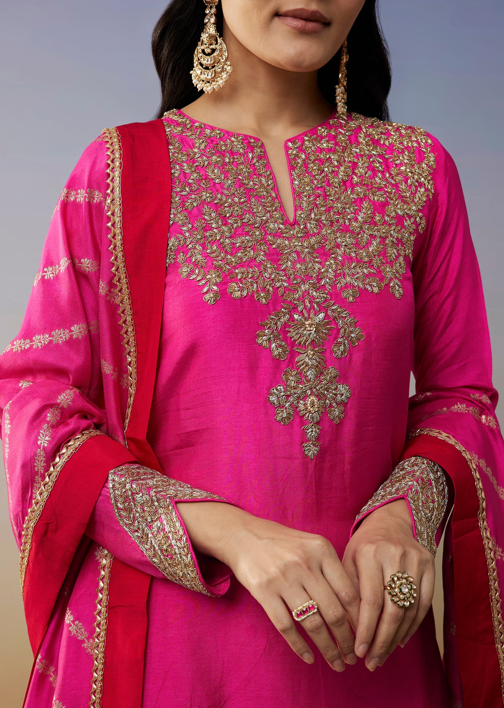 Pink Viscose Satin Palazzo Suit with Zardosi Work - Image 2
