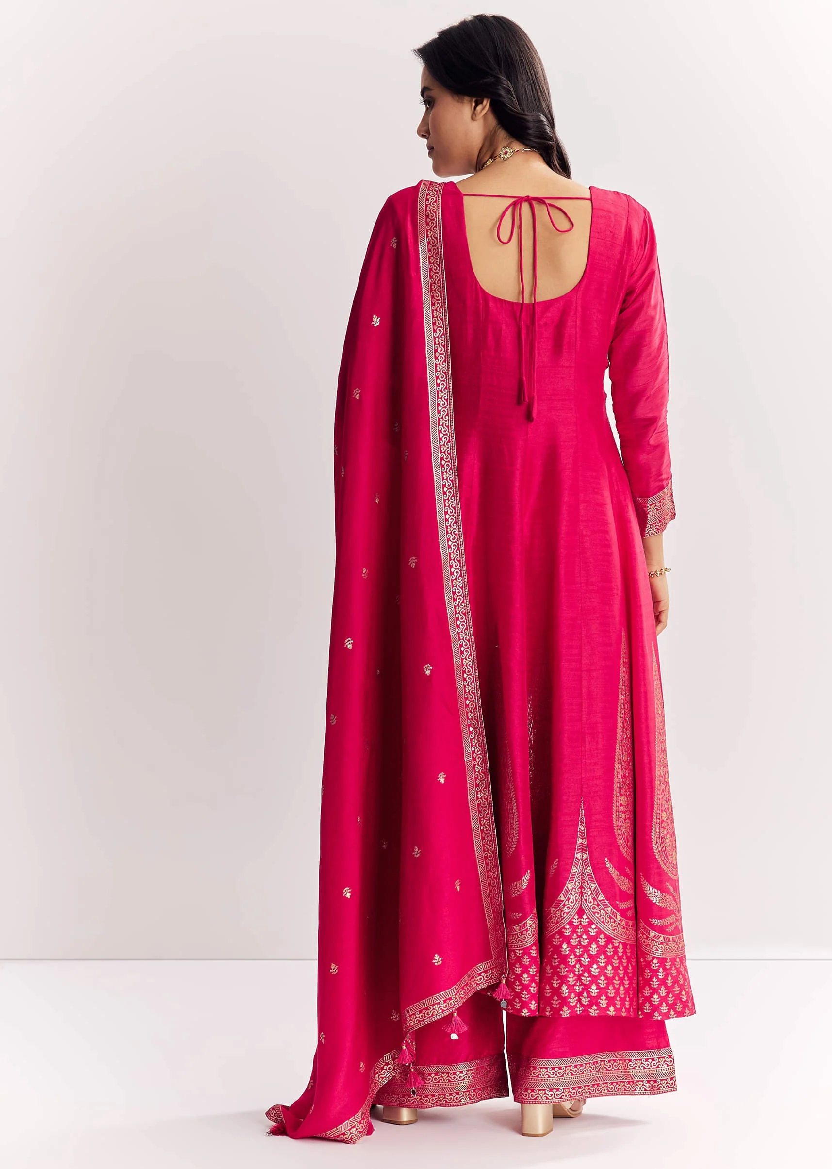 Pink Weave Silk Anarkali Suit With Dupatta - Image 5