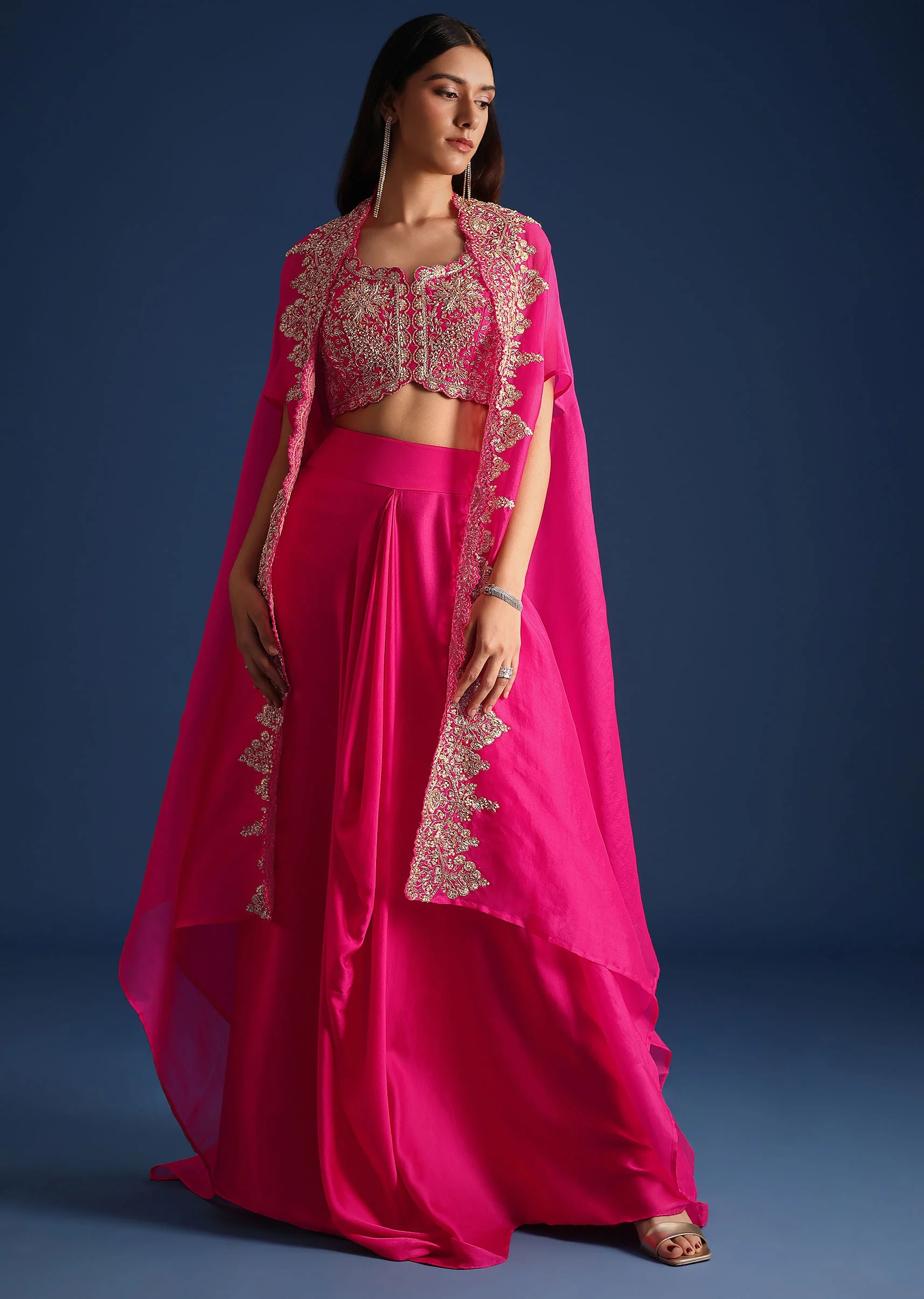 Pink Zardozi Embroidered Jacket With Skirt And Crop Top - Image 4