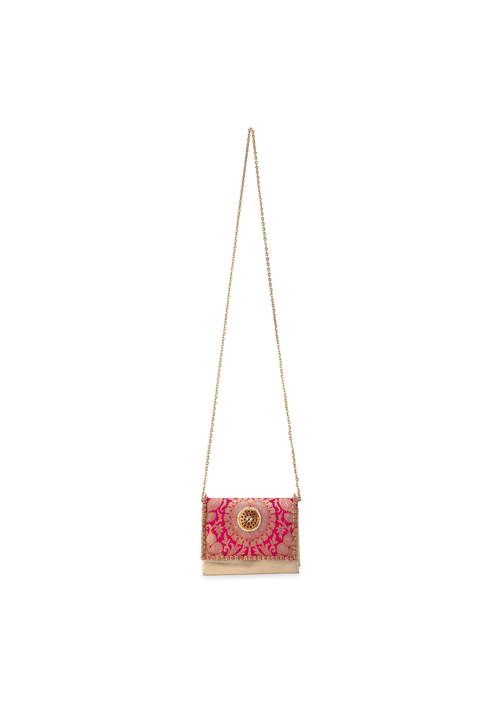 Pink Zari and Kundan Brocade Rectangular Flap Bag - Image 5