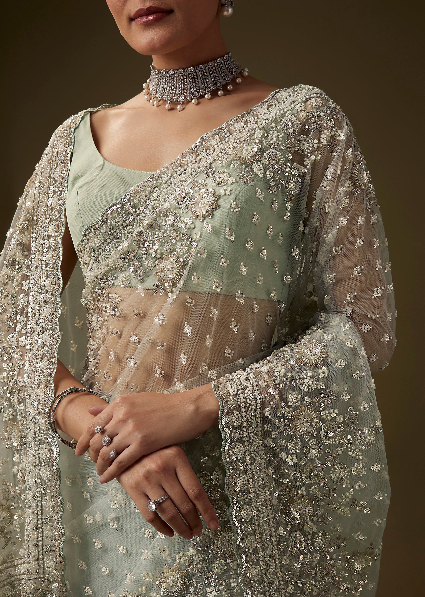 Pista Green Cutdana Work Saree with Unstitched Blouse - Image 2