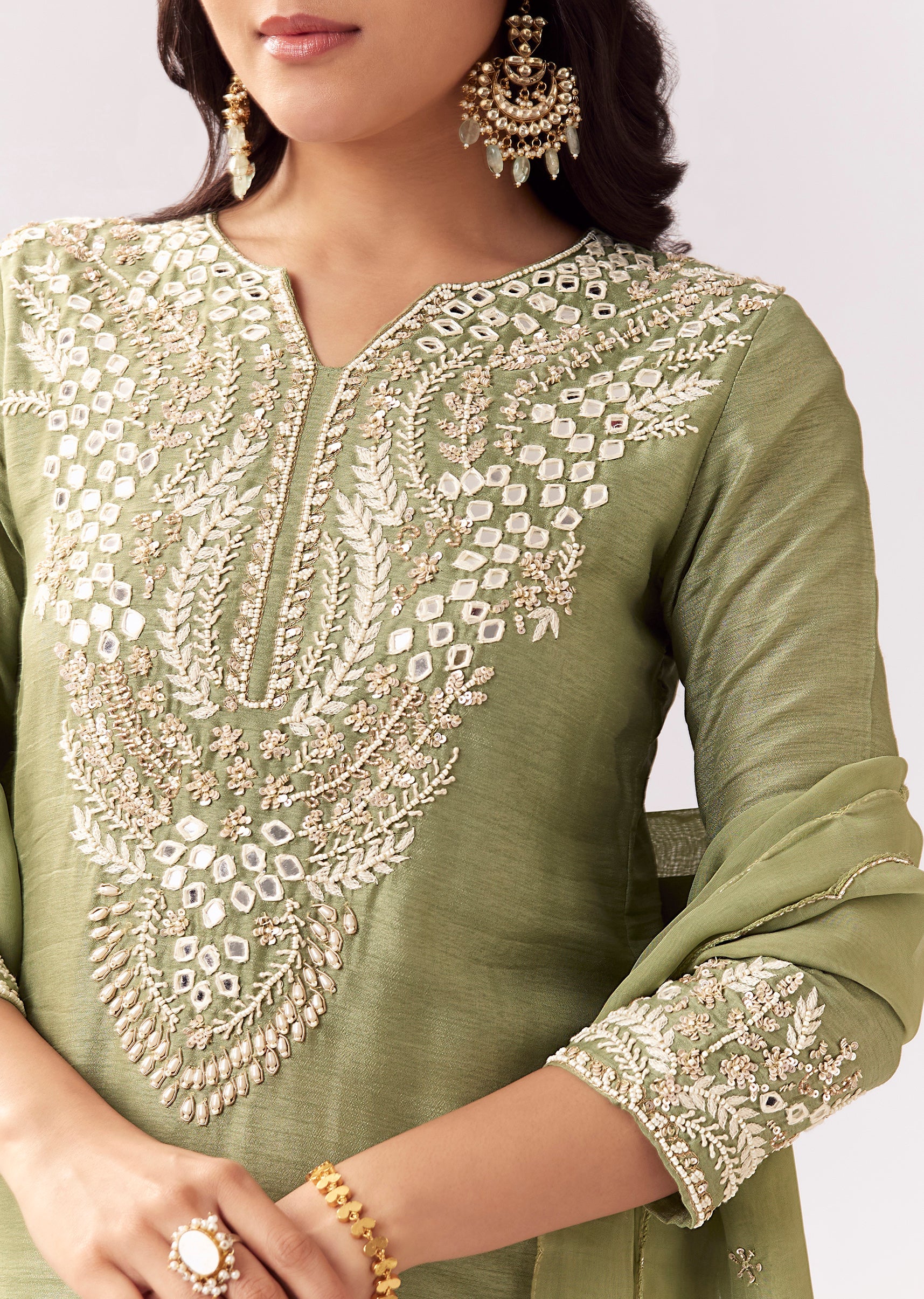 Pista Green Eid Pairing – Mirror Work Sharara Set For Her And Olive Silk Embellished Kurta Set For Him - Image 2