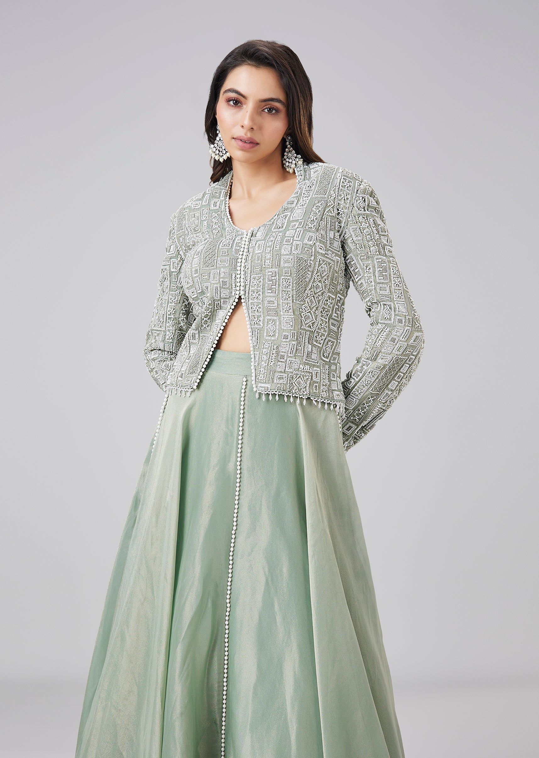 Pista Green Embellished Kurta Lehenga Set - Image 4
