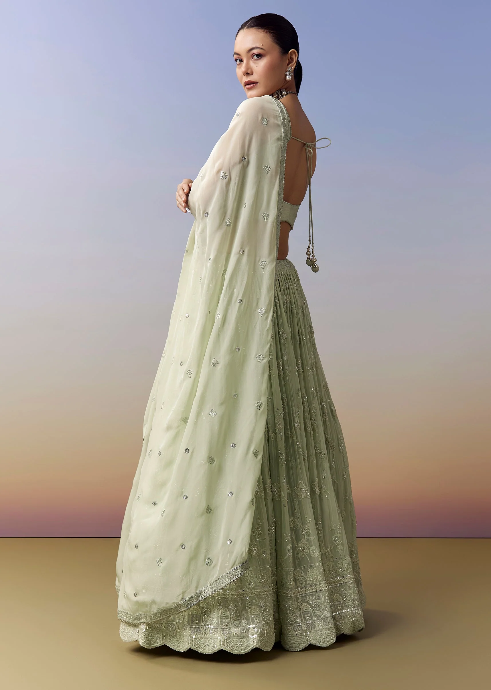 Pista Green Lehenga With Moti Sequins Cut Dana Work - Image 5