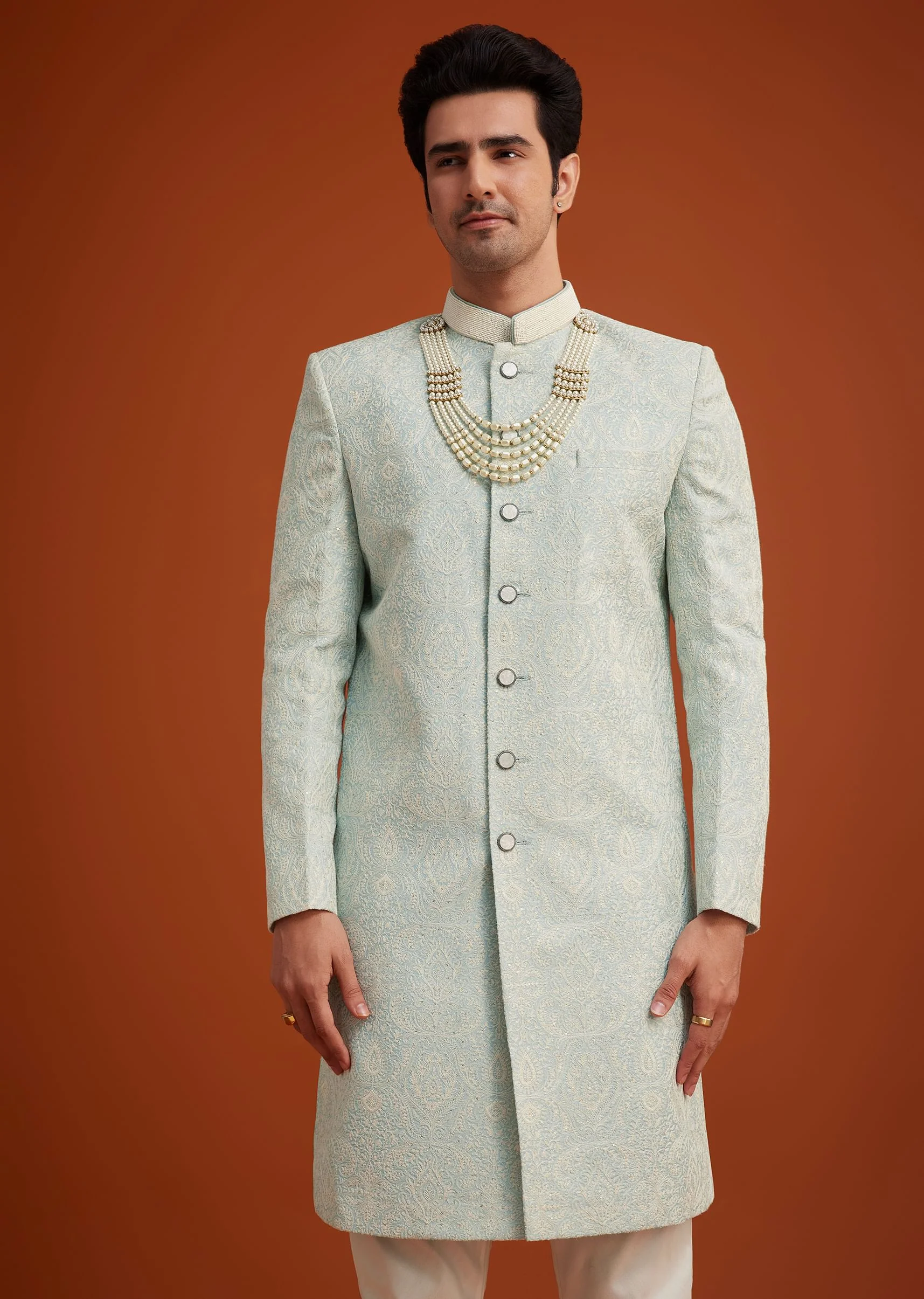 Pista Green Silk Sherwani Set With Bead Work - Image 4
