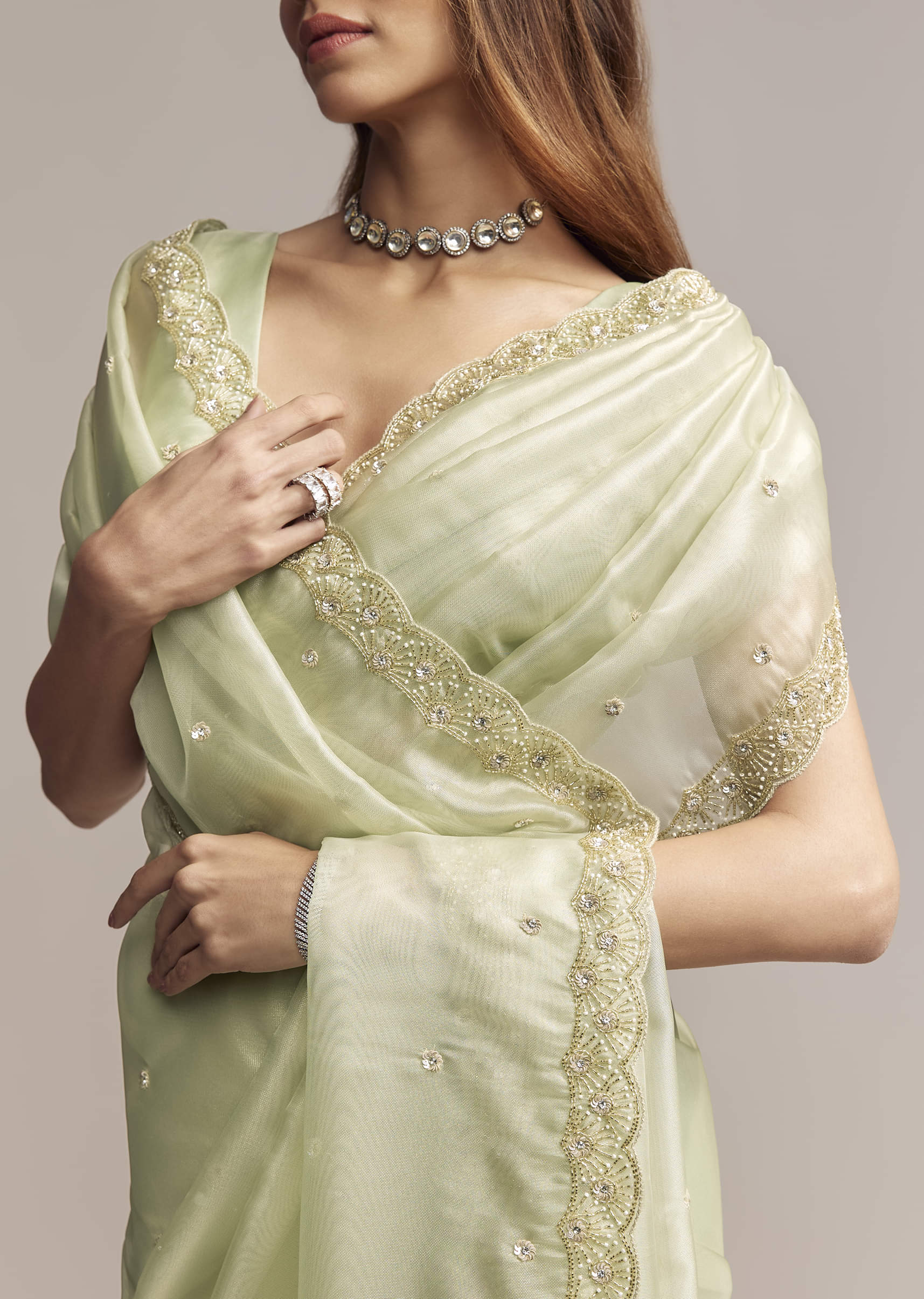 Pista Green Tissue Saree With Butti Work Embroidery - Image 2