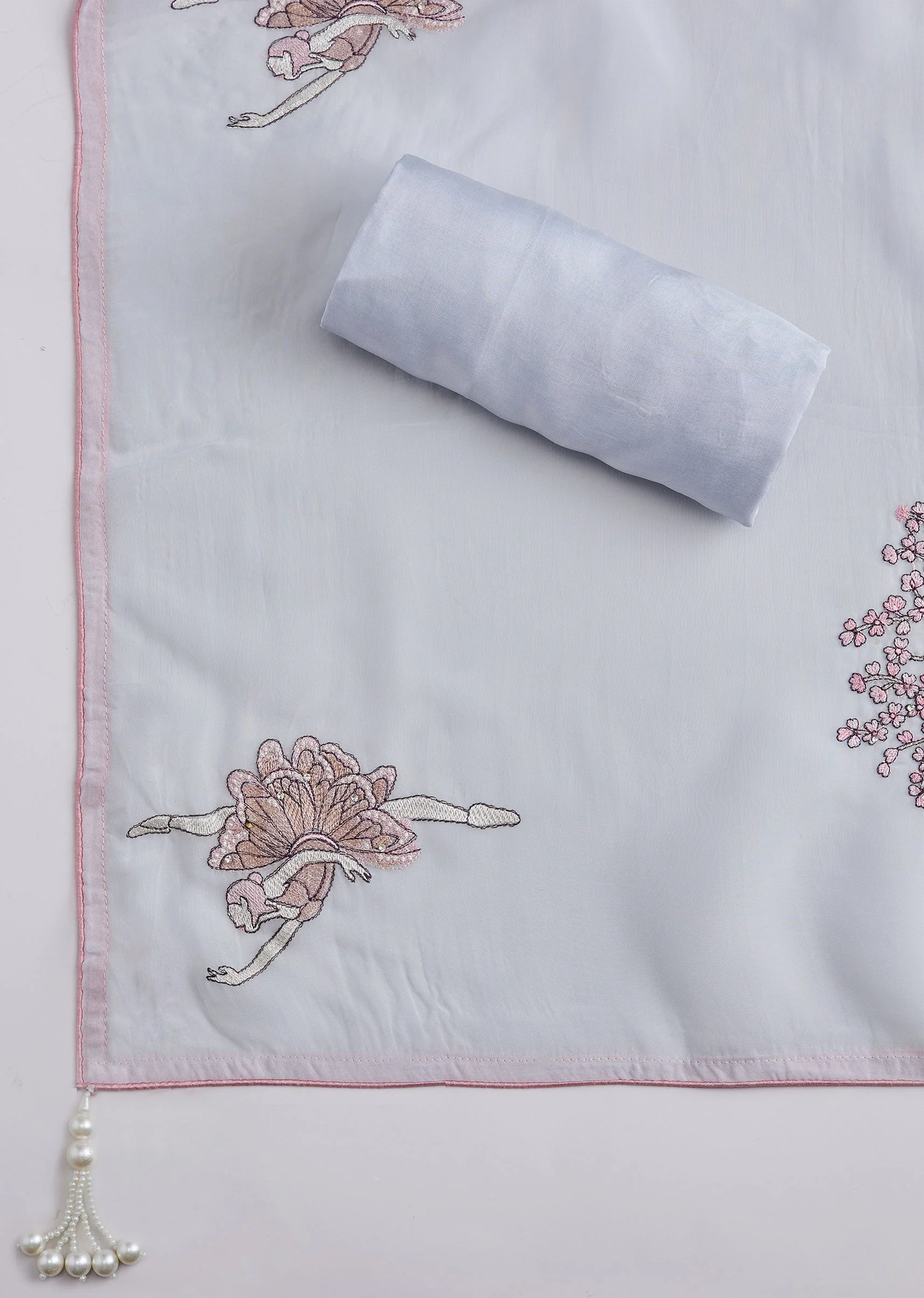 Powder Blue Embroidered Cotton Unstitched Suit Set With Dupatta - Image 4