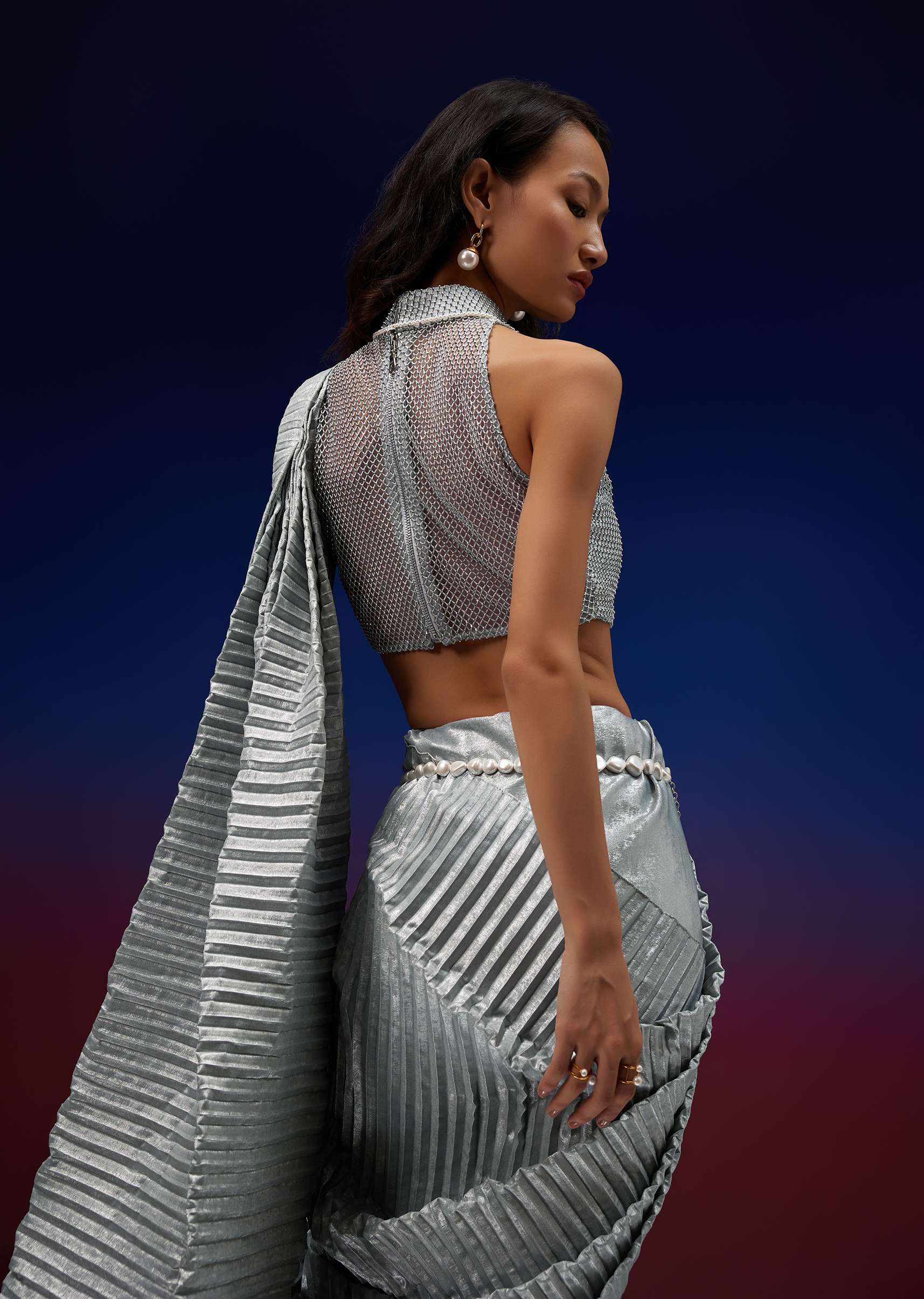 Powder Blue Silver Foil Open Saree With Net Blouse - Image 7