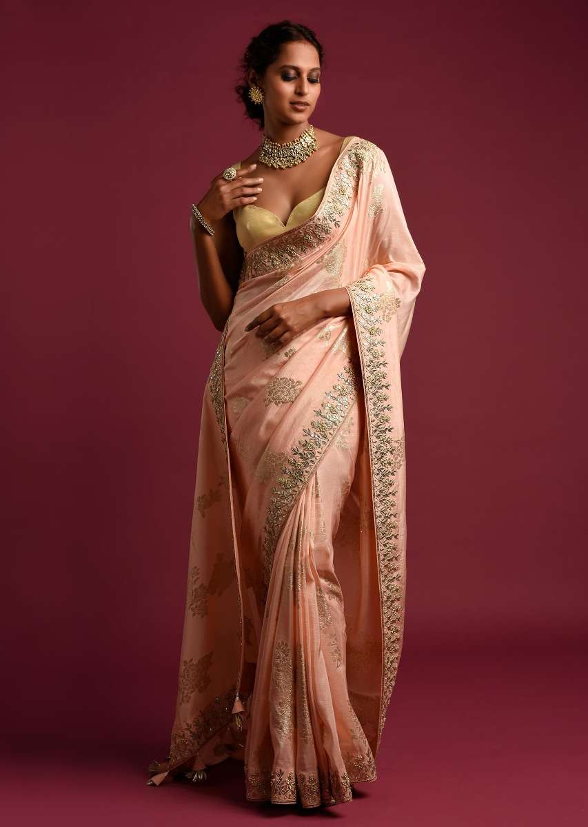 Powder Peach Banarasi Saree With Weaved Floral Motifs And Embroidered Border - Image 3
