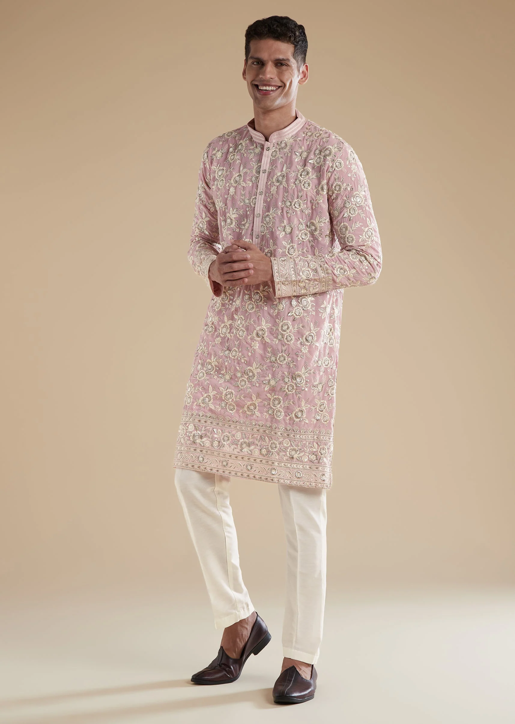 Powder Pink Kurta Set With Thread Resham And Sequins Detail - Image 3