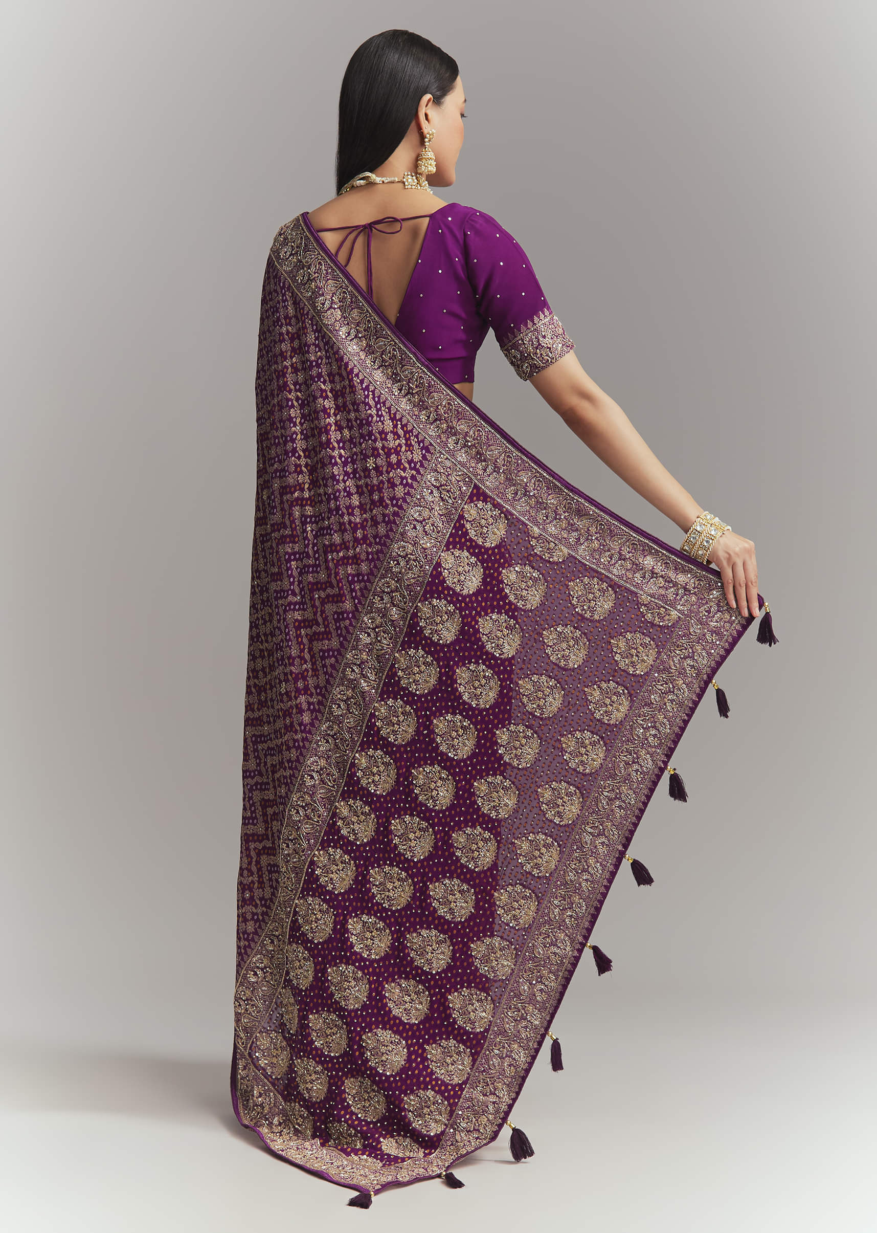 Purple Banarasi Georgette Embroidered Saree With Heavy Hand Embroidery - Image 4