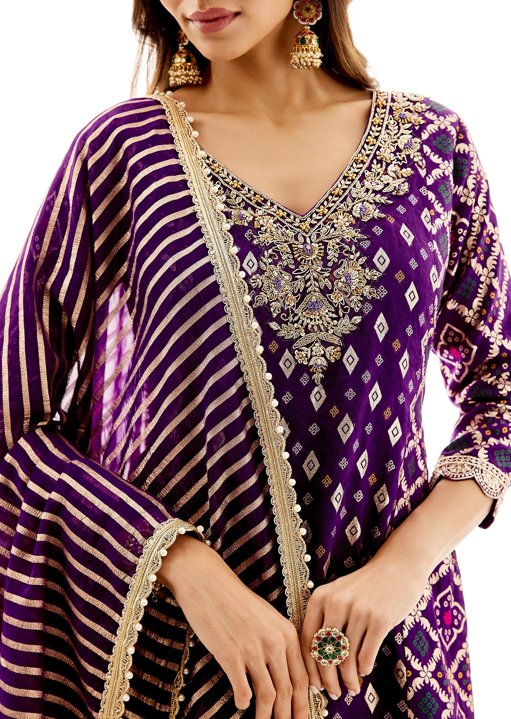 Purple Banarasi Silk Palazzo Set With Zardosi Neck Work - Image 2