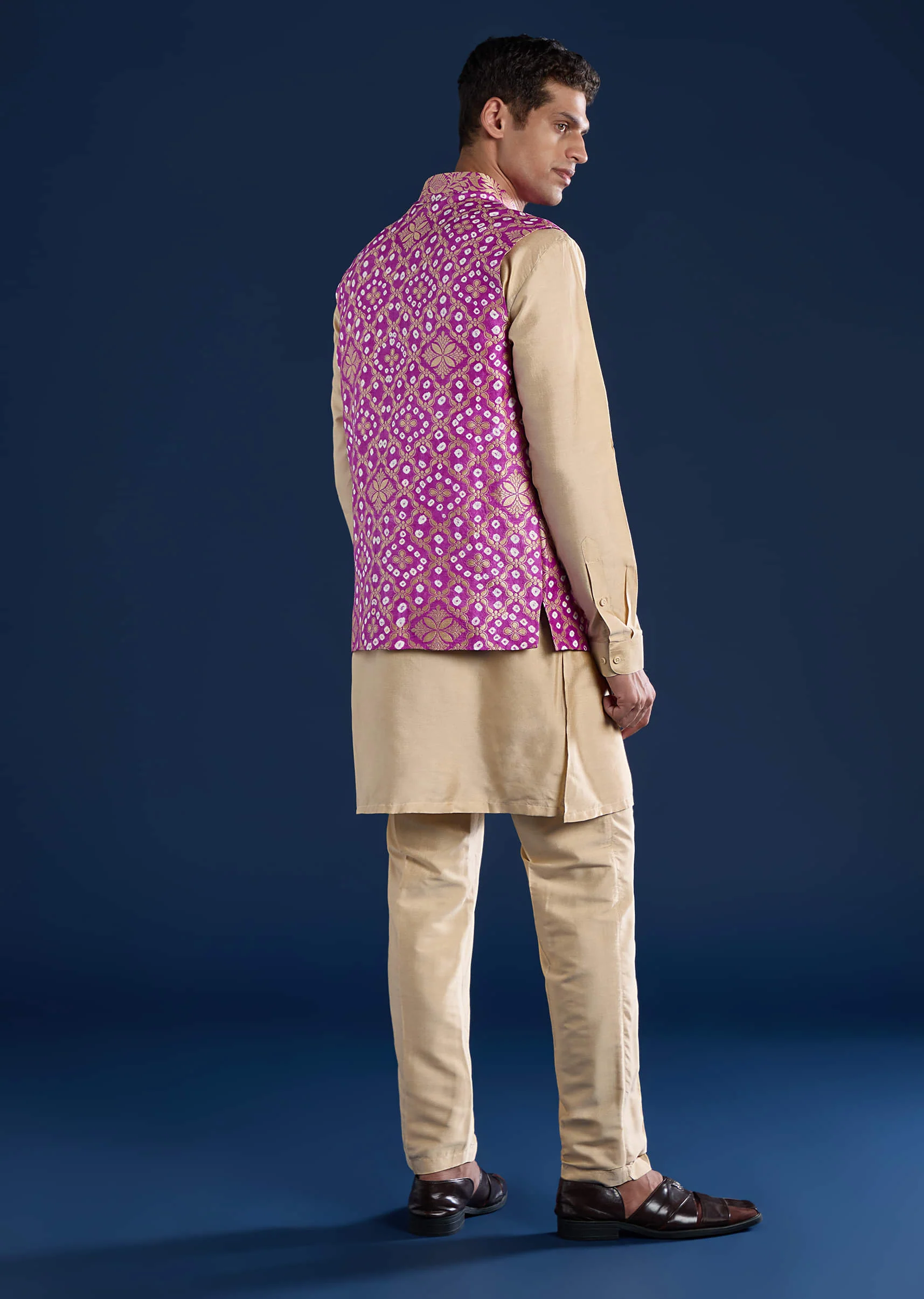 Purple Bandhani Silk Mens Jacket Kurta Set - Image 6
