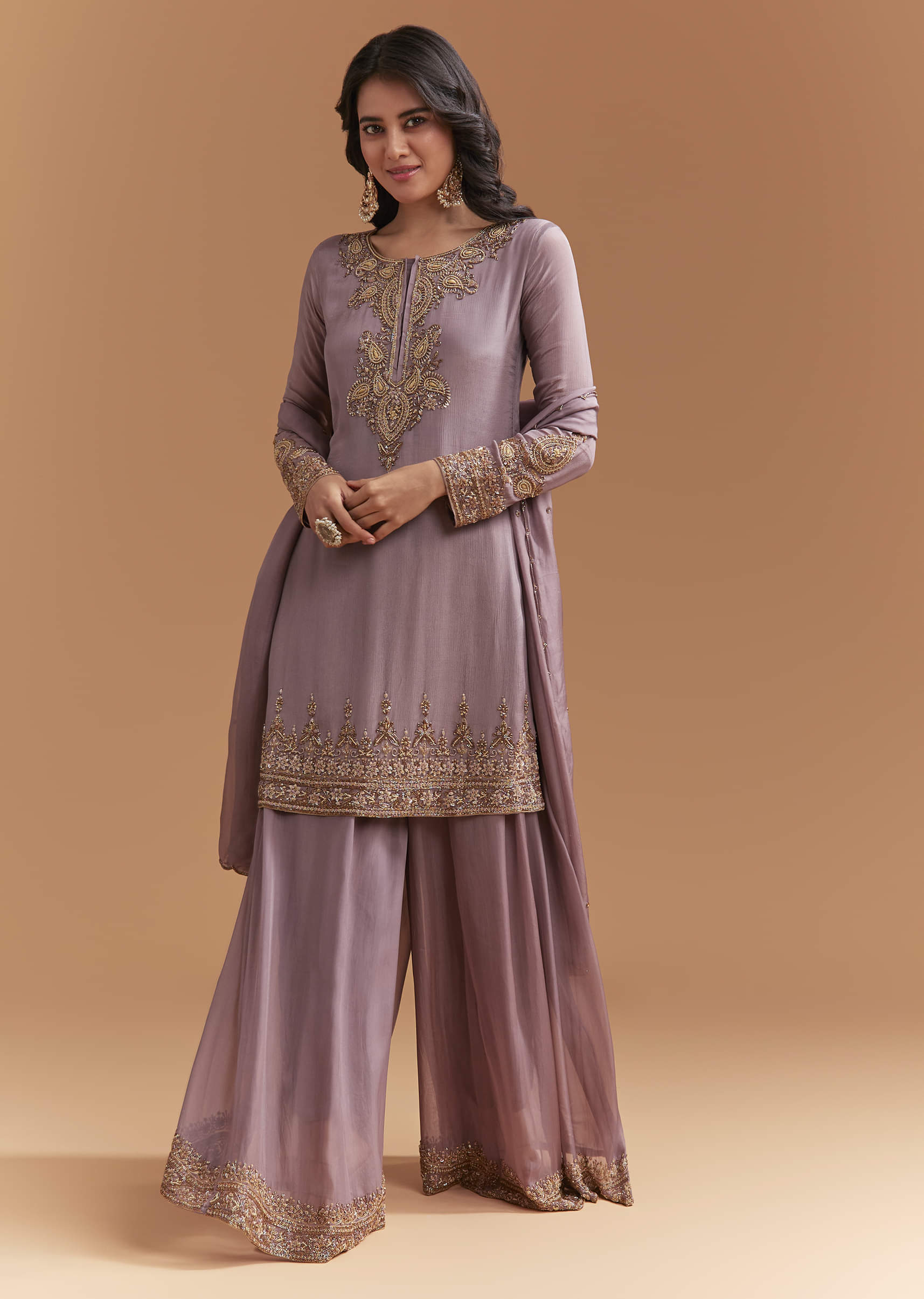 Purple Chinon Palazzo Suit With Moti And Cutdana Embroidery - Image 4
