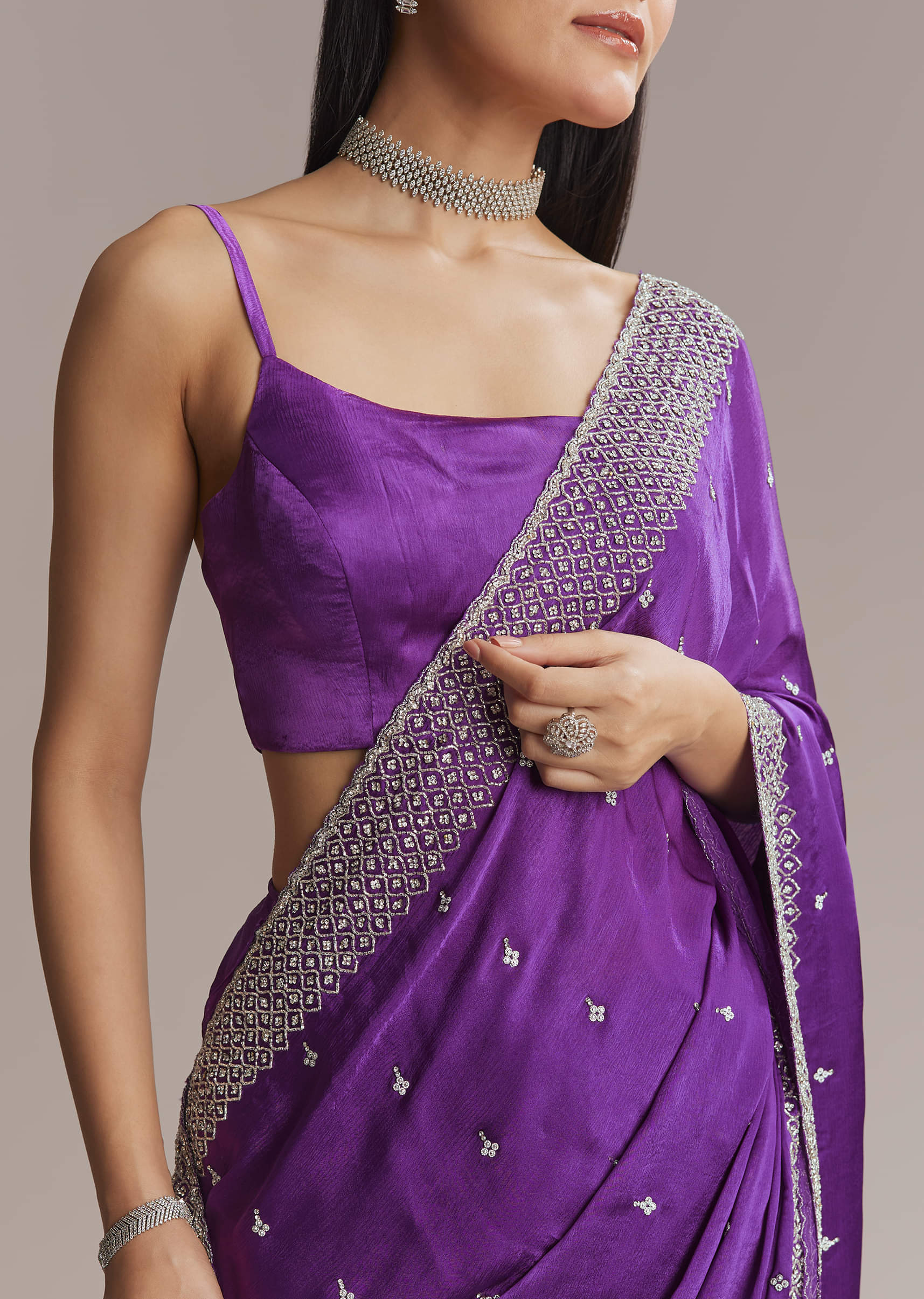Purple Chinon Saree With Stone And Sequin Embroidery - Image 2