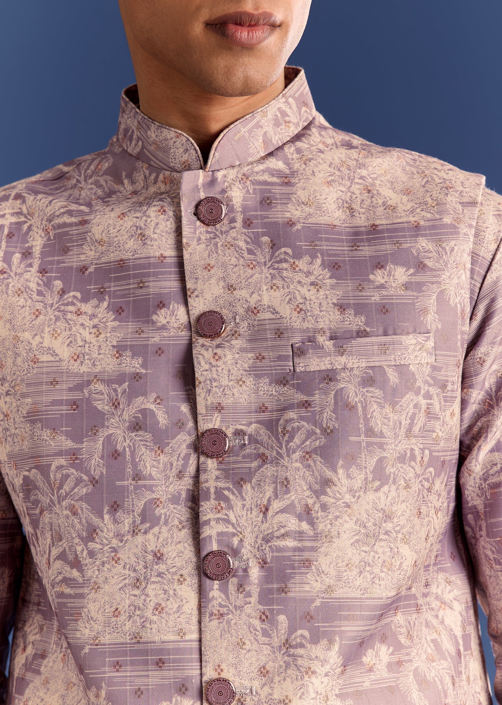 Purple Cotton Silk Kurta Jacket Set With Print - Image 3