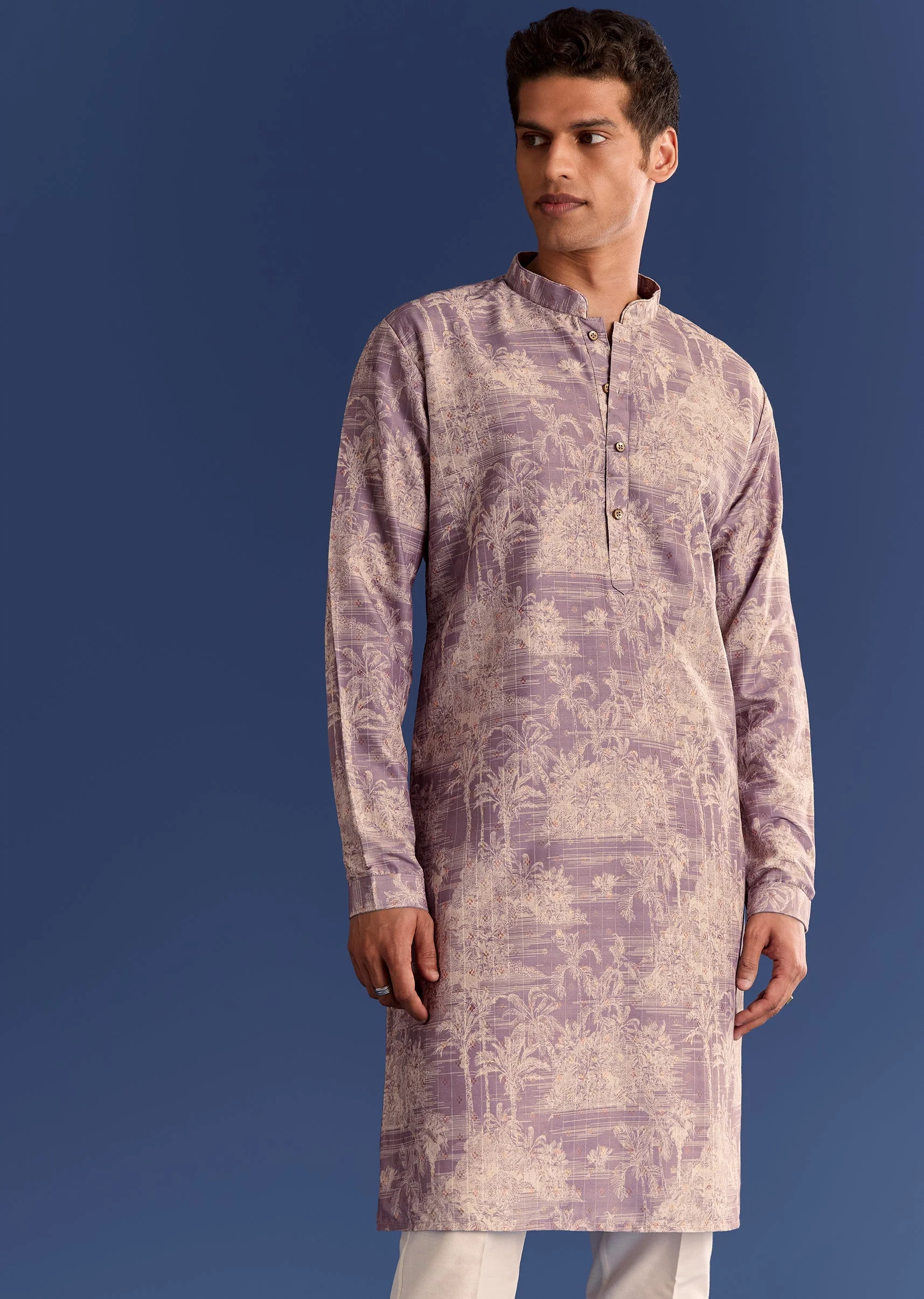 Purple Cotton Silk Kurta Jacket Set With Print - Image 6