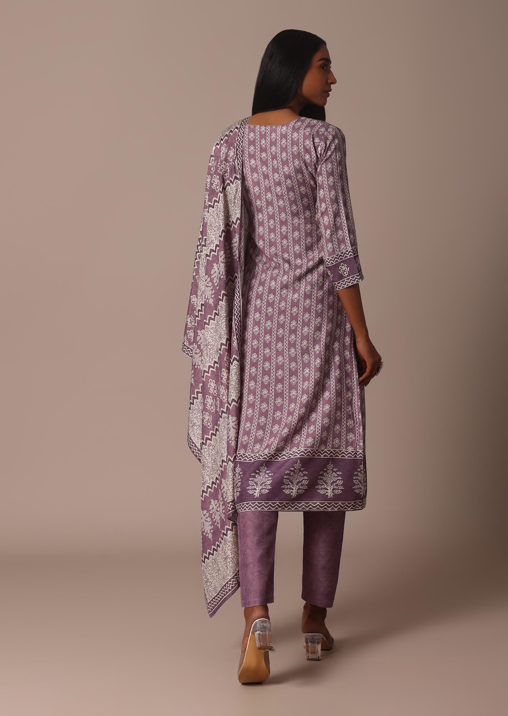 Purple Crepe Printed Kurti Pant Set With Cutdana Detail - Image 5