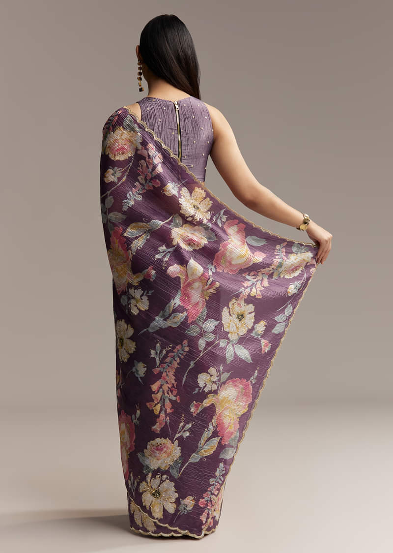 Purple Crush Tissue Saree With Floral Print And Embroidered Border - Image 6