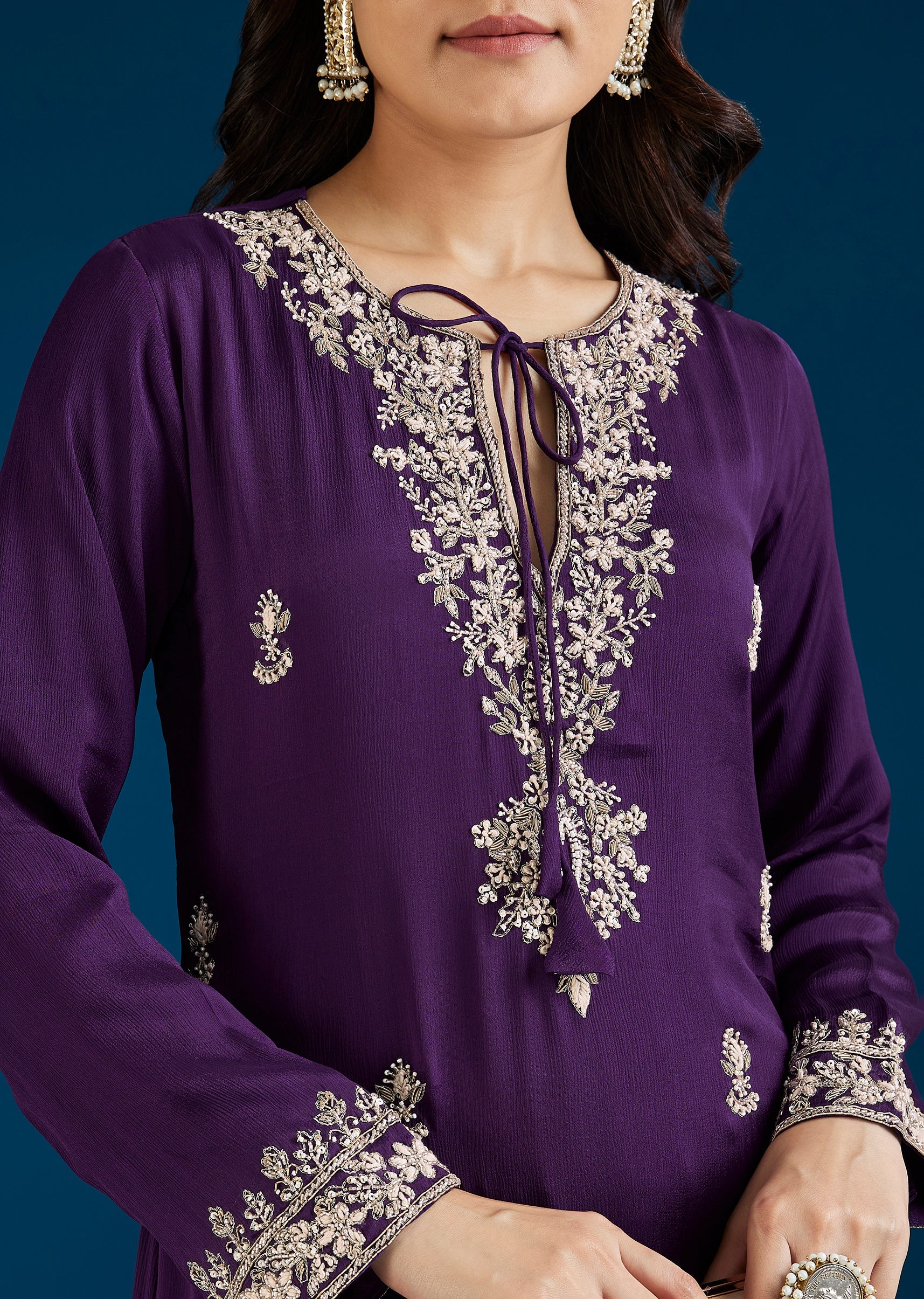 Purple Embellished Drape Skirt Indo Western Set - Image 2