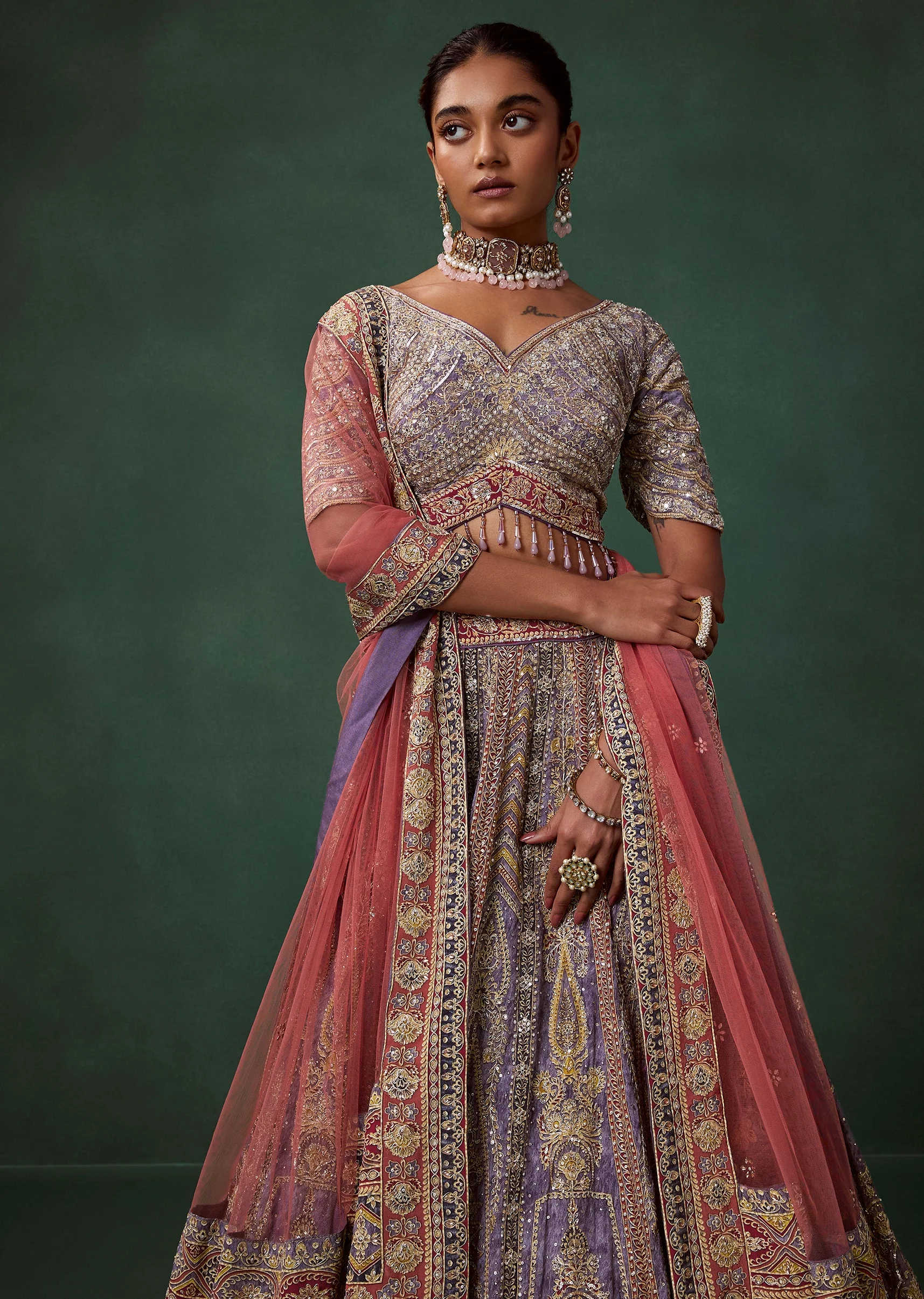 Purple Georgette Printed and Embroidered Kali Bridal Lehenga Set - Image 5