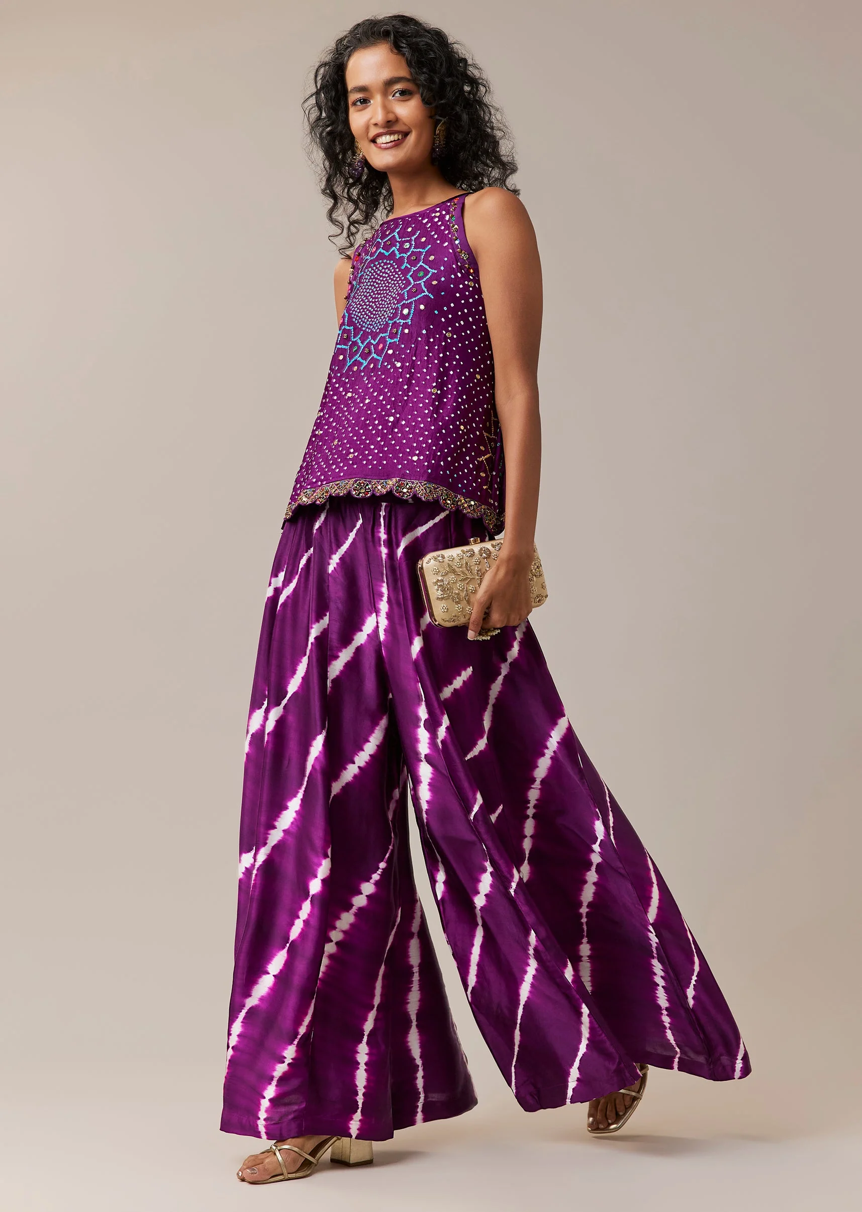 Purple Hand Dyed Bandhani Top and Leheriya Palazzo Co-ord Set with Sequins