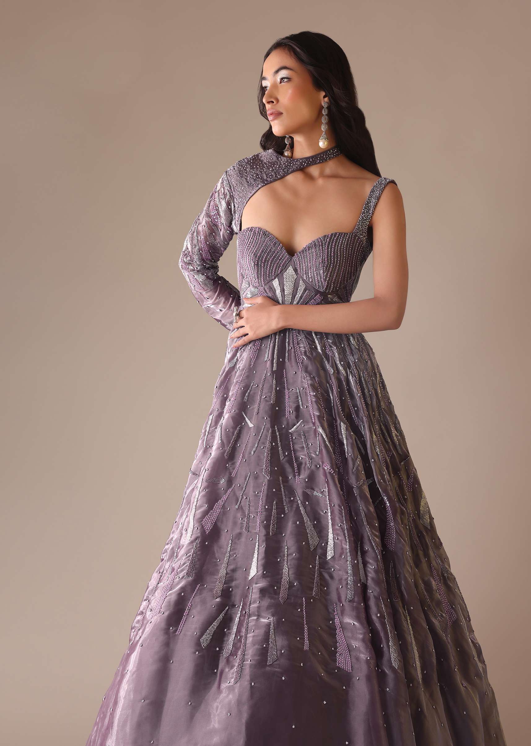 Purple Heavy Embroidered Bridal Gown With Fancy Sleeves - Image 2