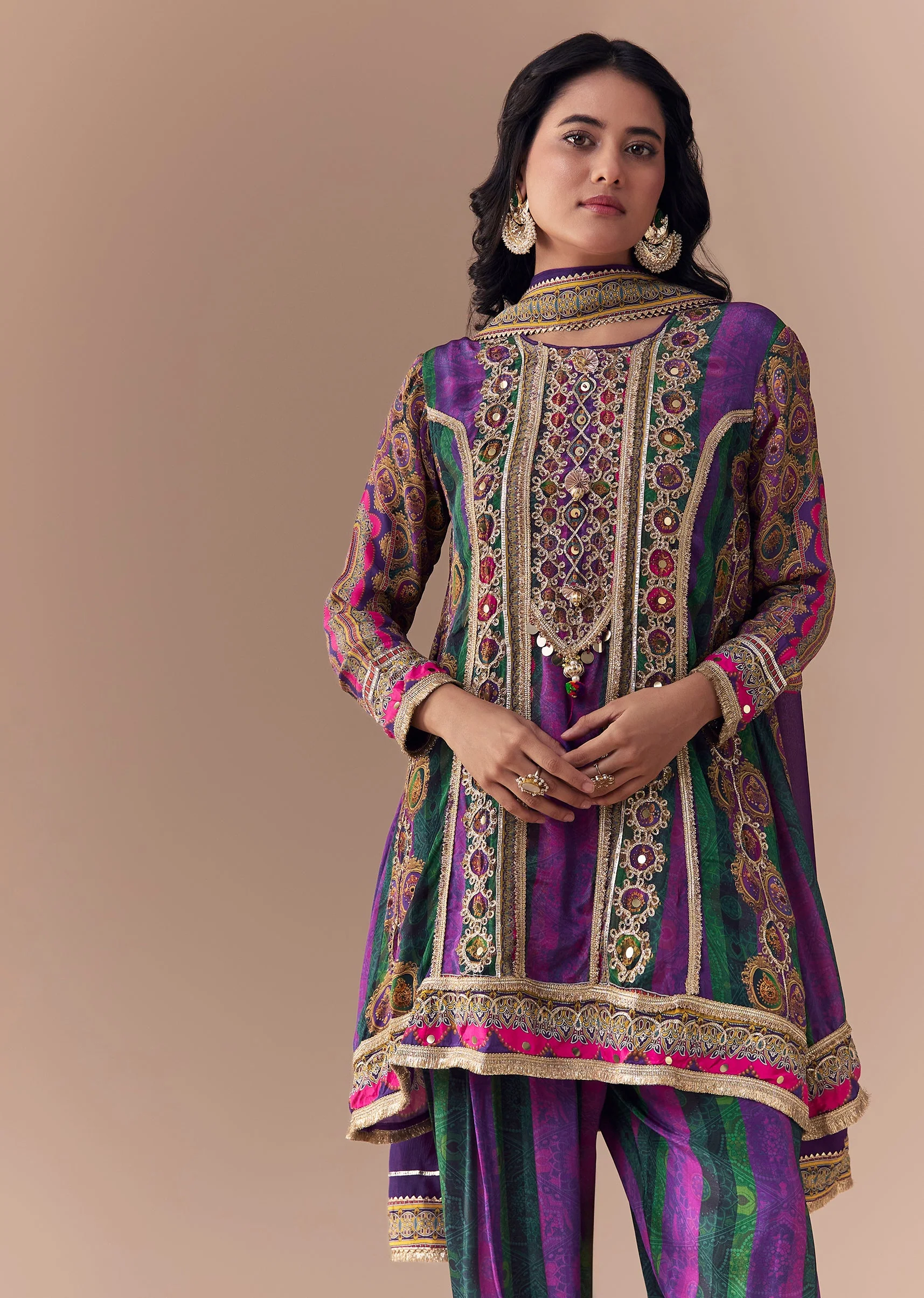 Purple Indie Print Kurti Patiala Suit Set with Handbag - Image 4