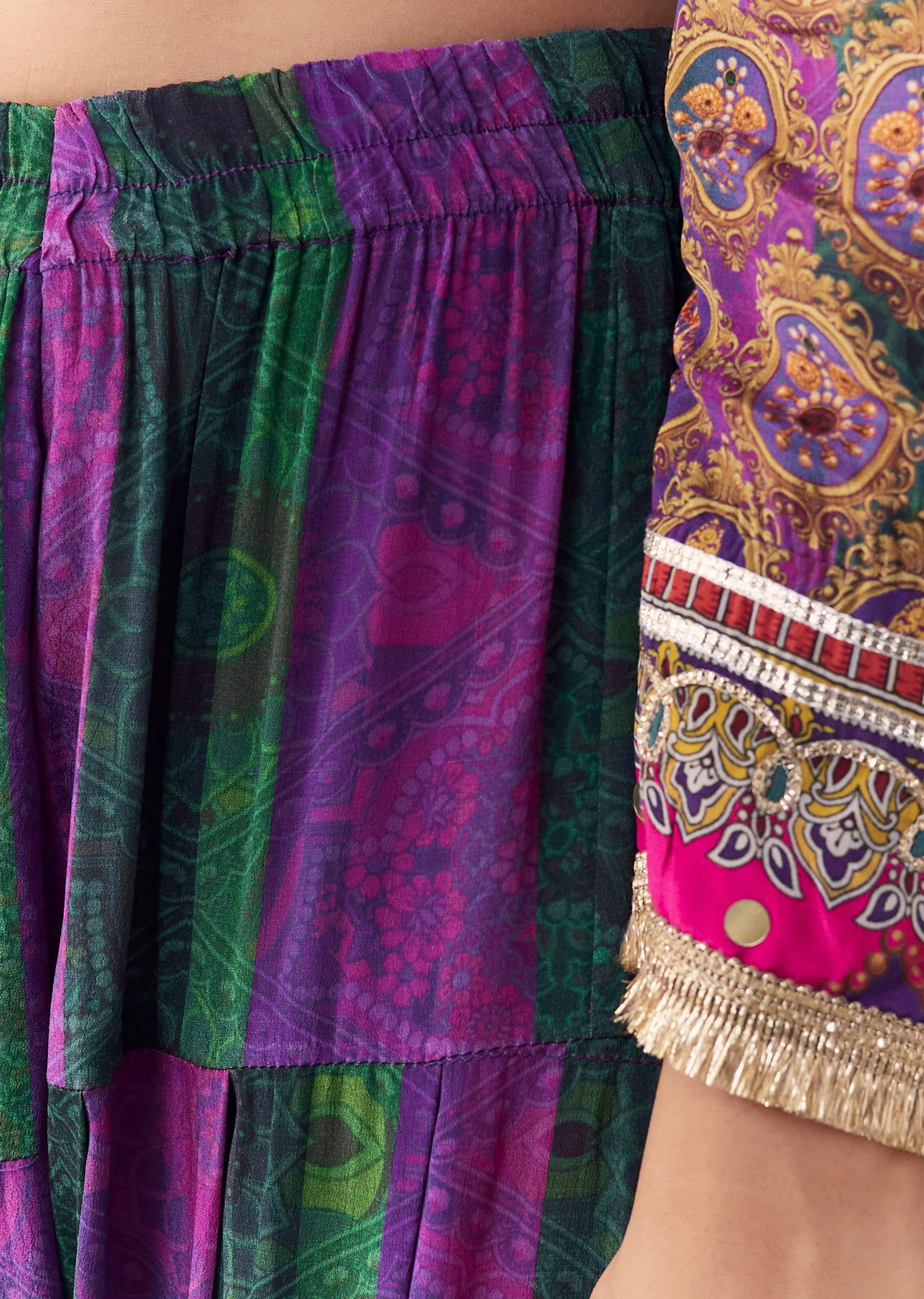 Purple Indie Print Kurti Patiala Suit Set with Handbag - Image 6