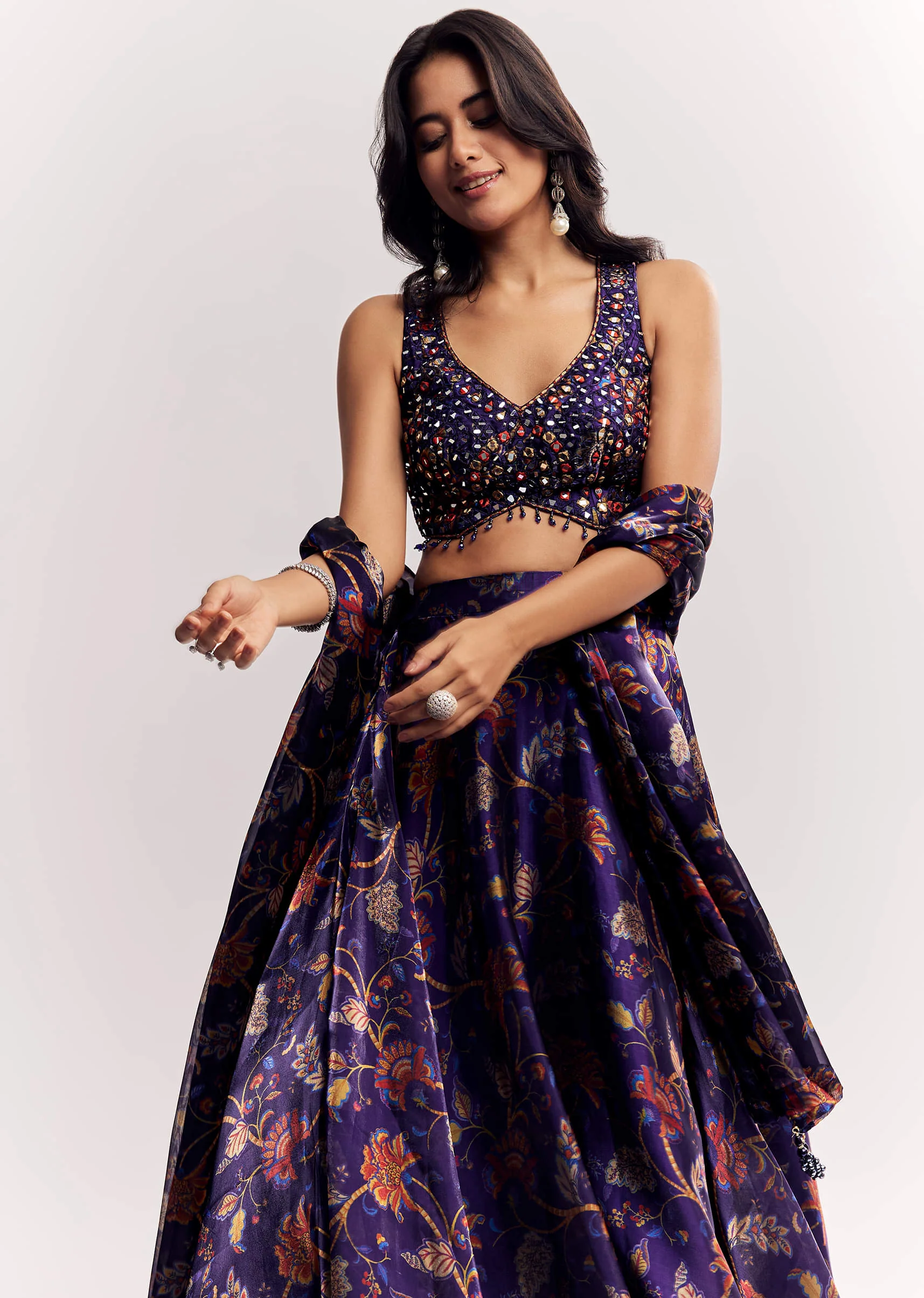 Purple Mirror Work Lehenga Choli Set In Organza Tissue - Image 4