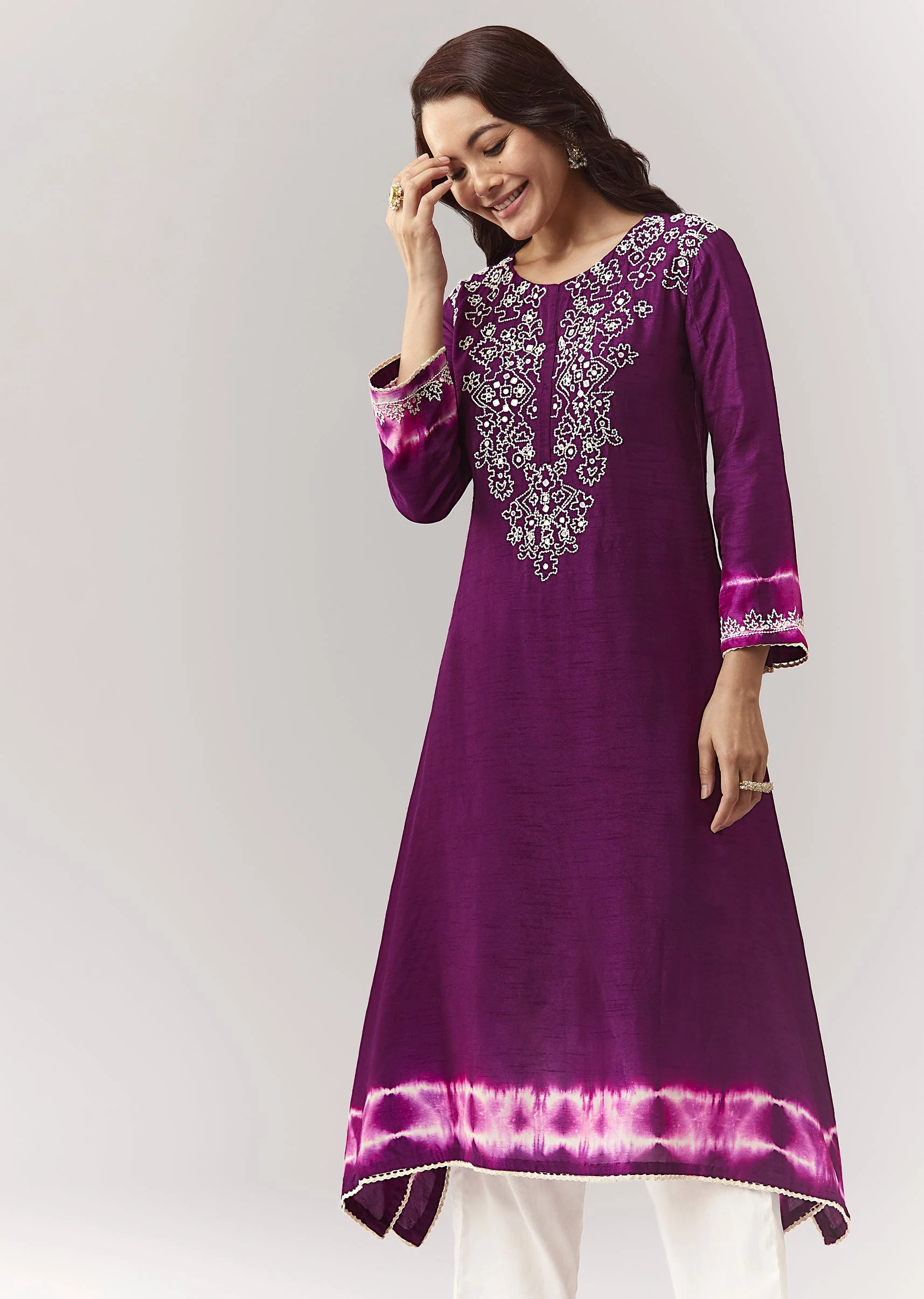Purple Moti Mirror Kurta Pant Coord With Leheriya Border - Image 4