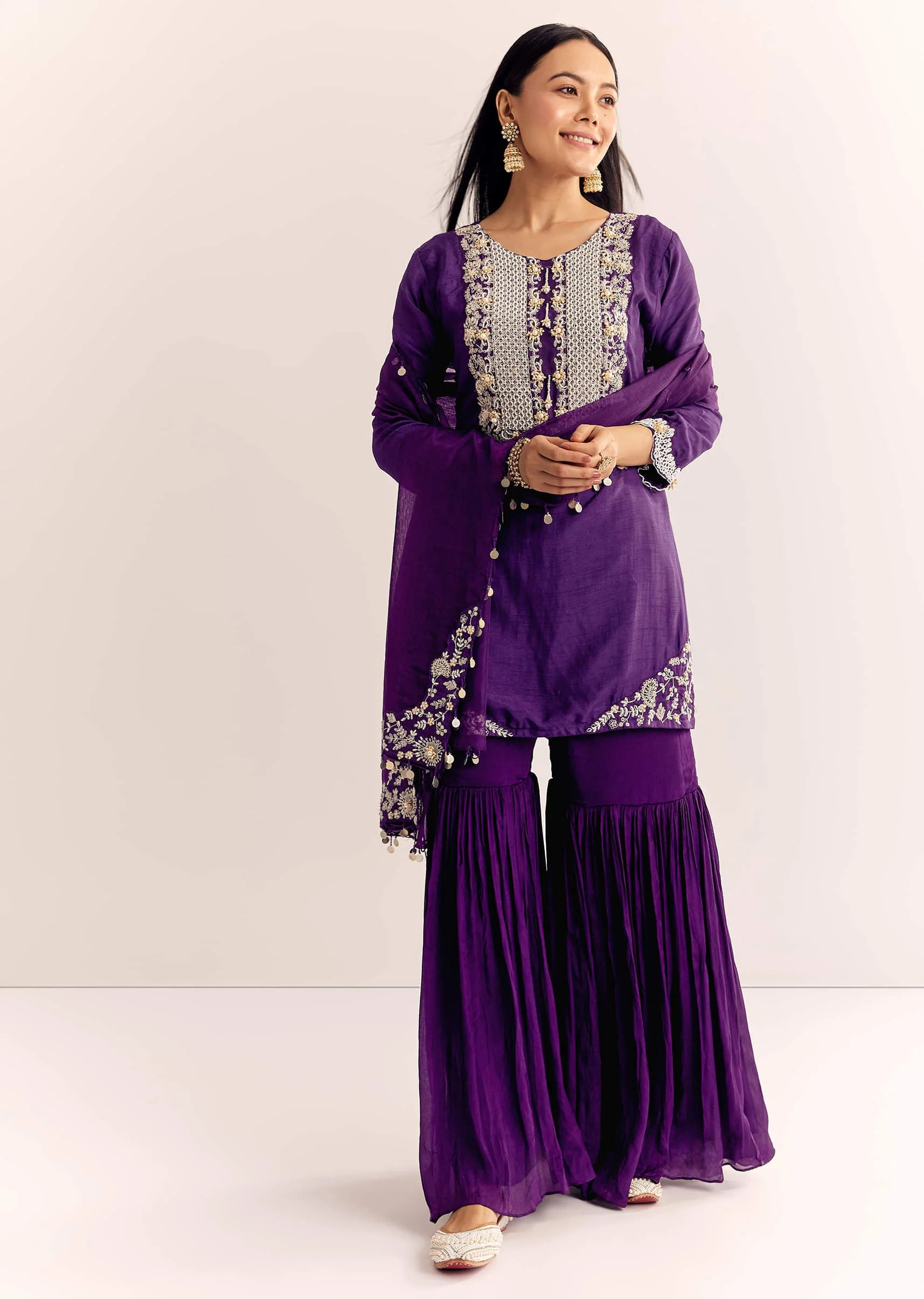 Purple Moti Threadwork Dola Silk Sharara Suit With Organza Dupatta - Image 2