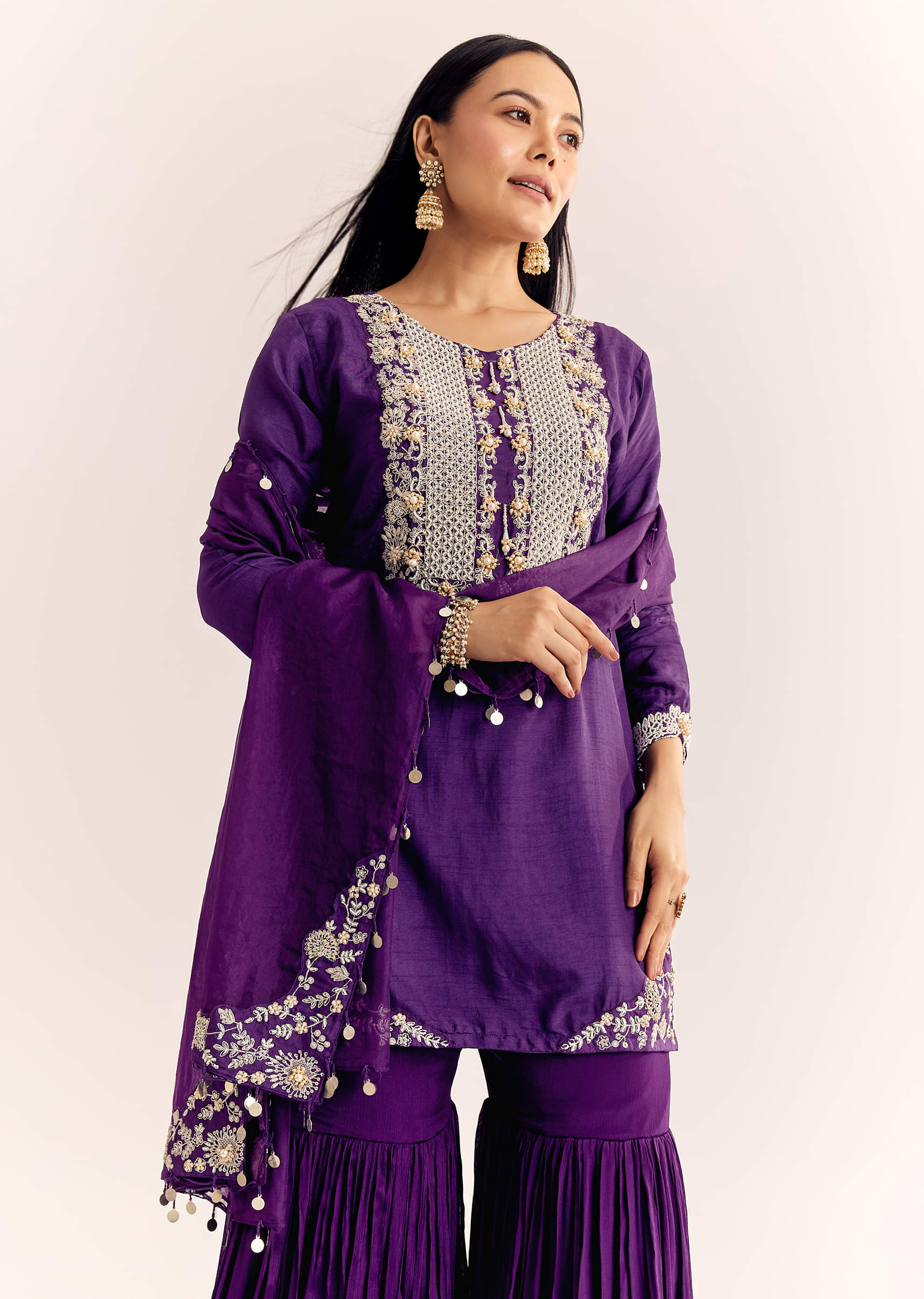 Purple Moti Threadwork Dola Silk Sharara Suit With Organza Dupatta - Image 7