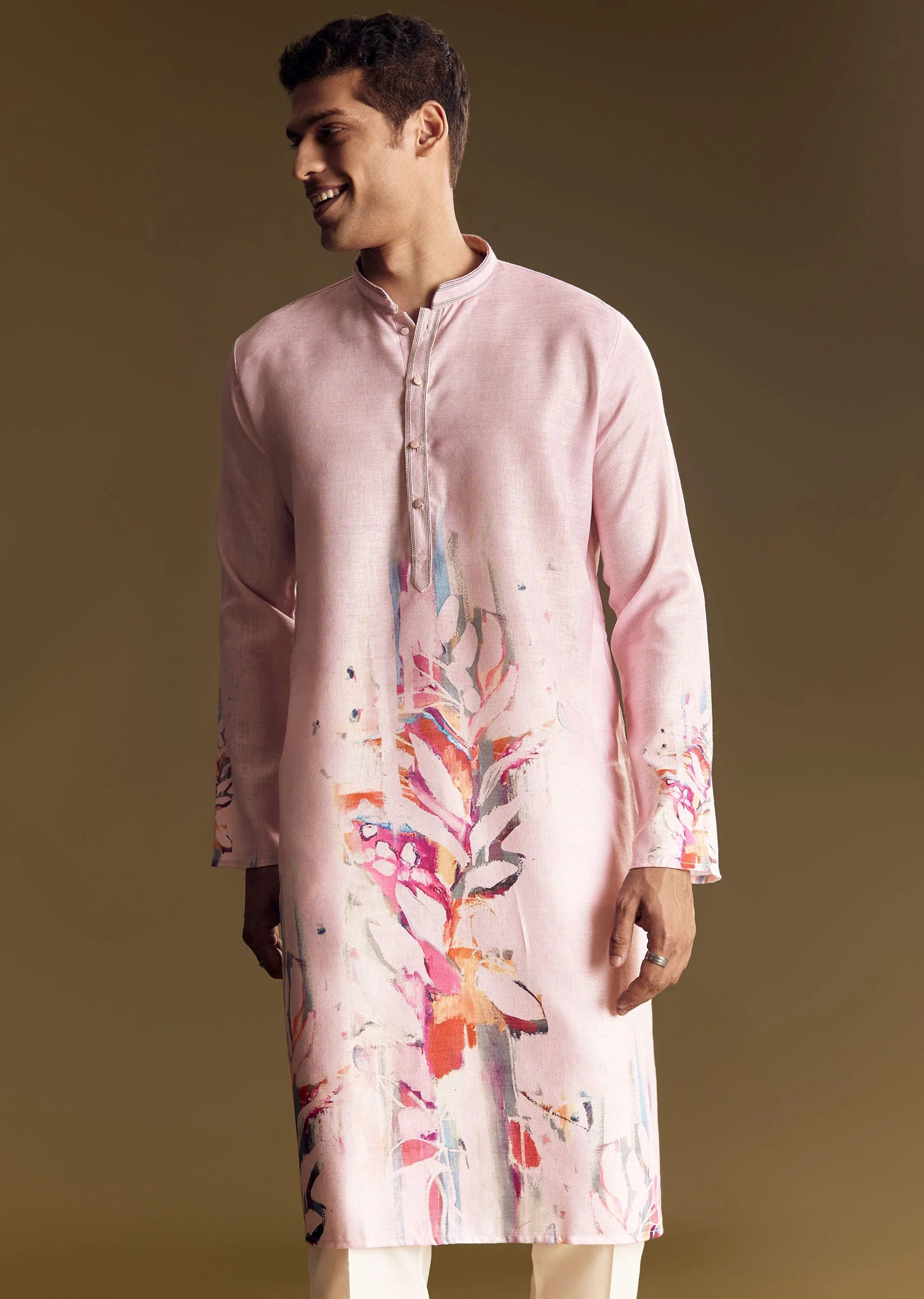 Purple Printed Linen Kurta Set With Mandarin Collar - Image 4