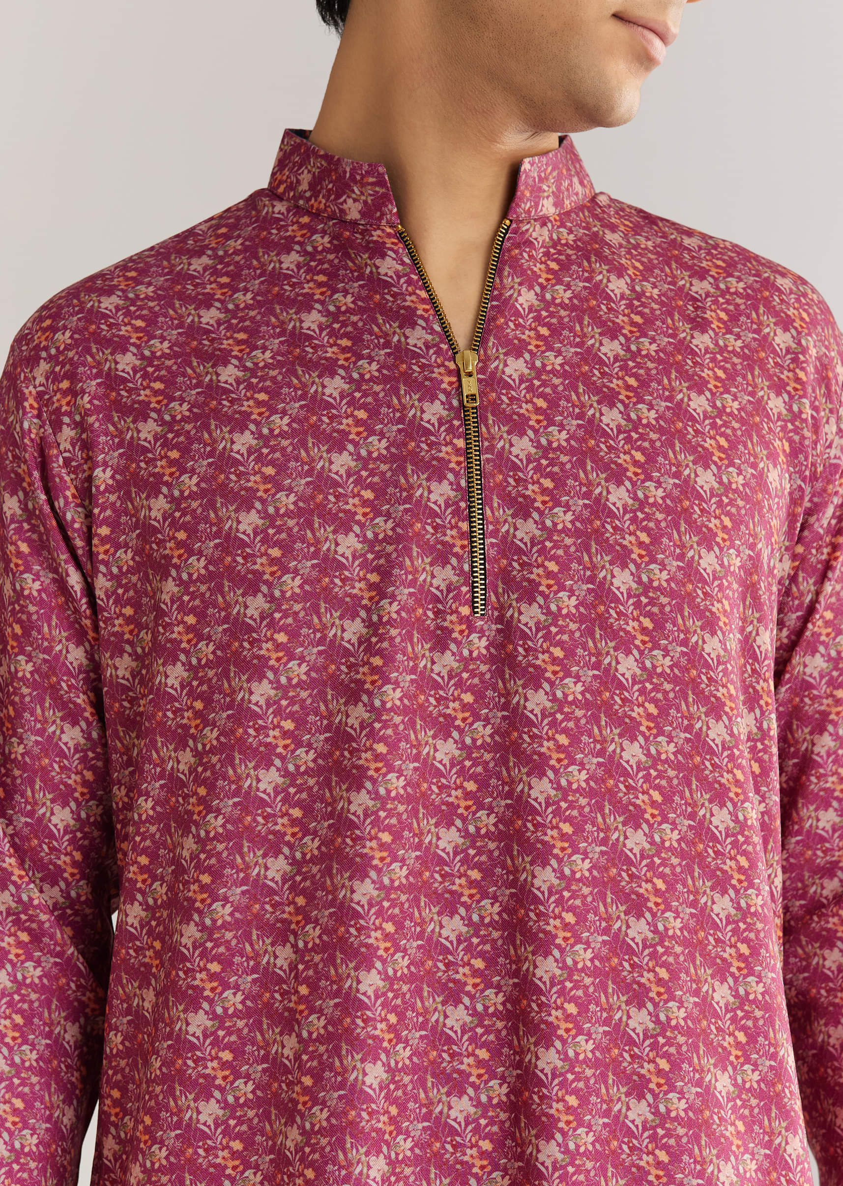 Purple Printed Zipper Kurta Pant Set - Image 3