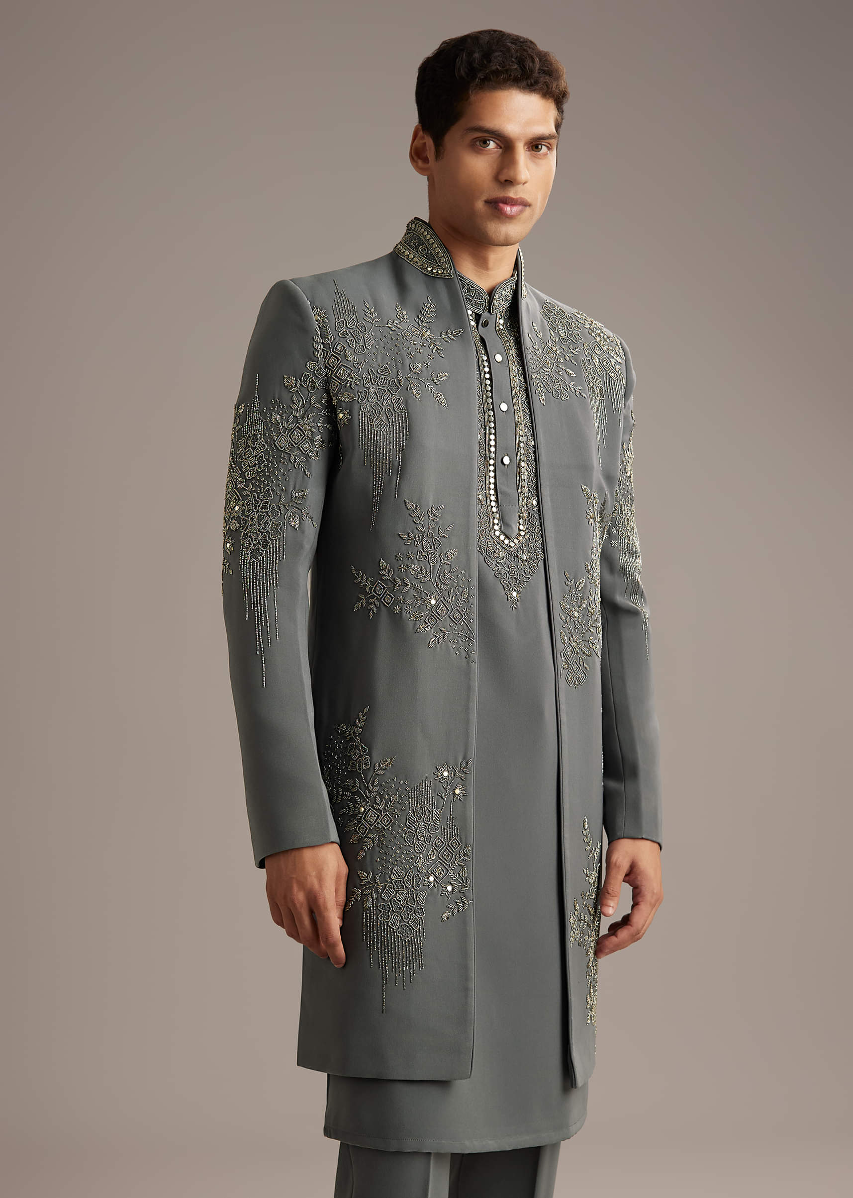 Purple Rayon Indo Western Set For Men With Heavy Hand Embroidery - Image 5