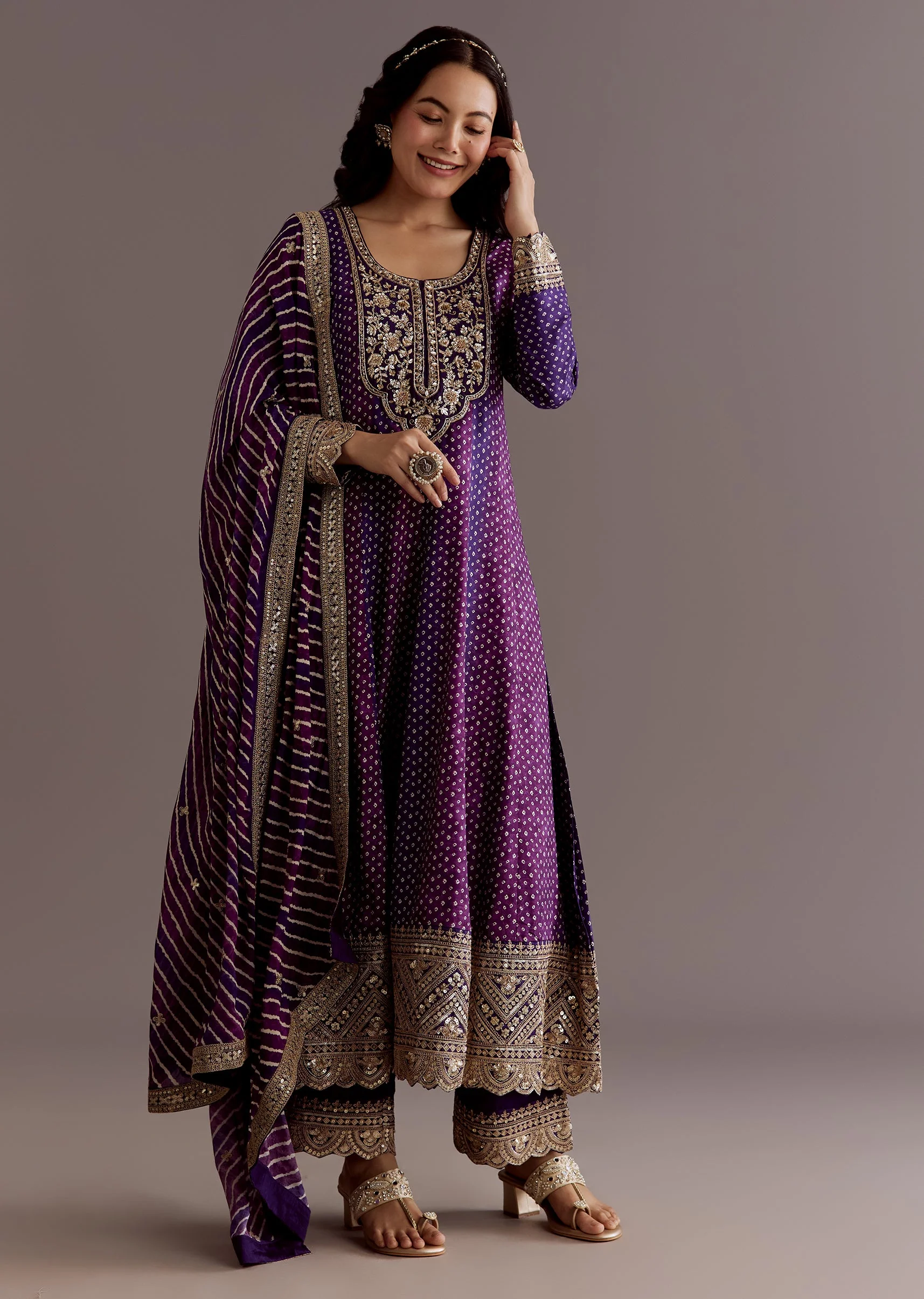 Purple Russian Silk Bandhani Anarkali Suit With Leheriya Dupatta - Image 4