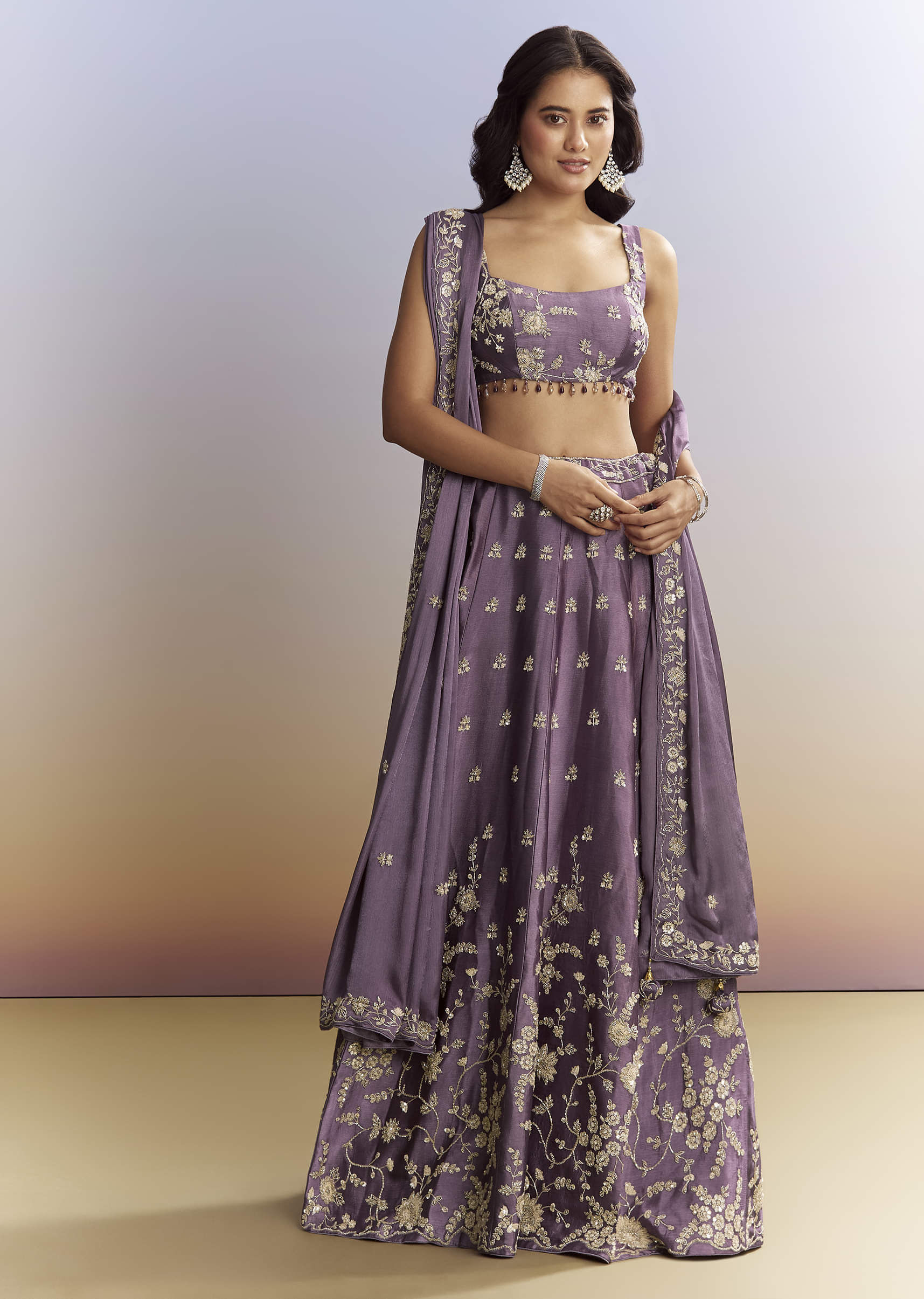 Purple Satin Bridesmaid Lehenga With Heavy Embroidery