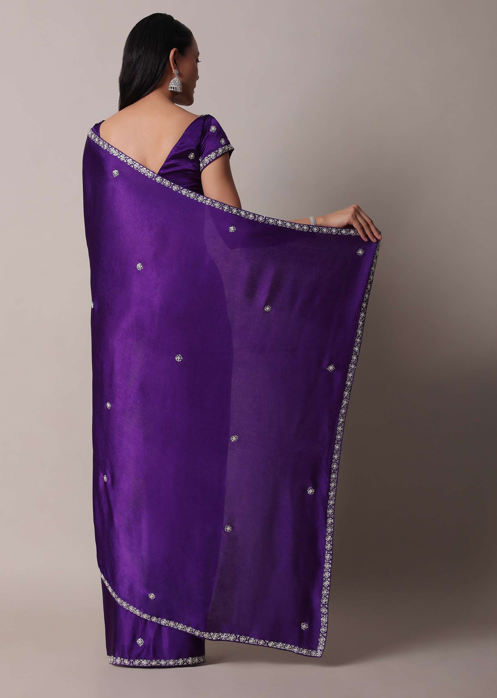 Purple Satin Chinon Saree With Stone Embellishments And Unstitched Blouse Piece - Image 4