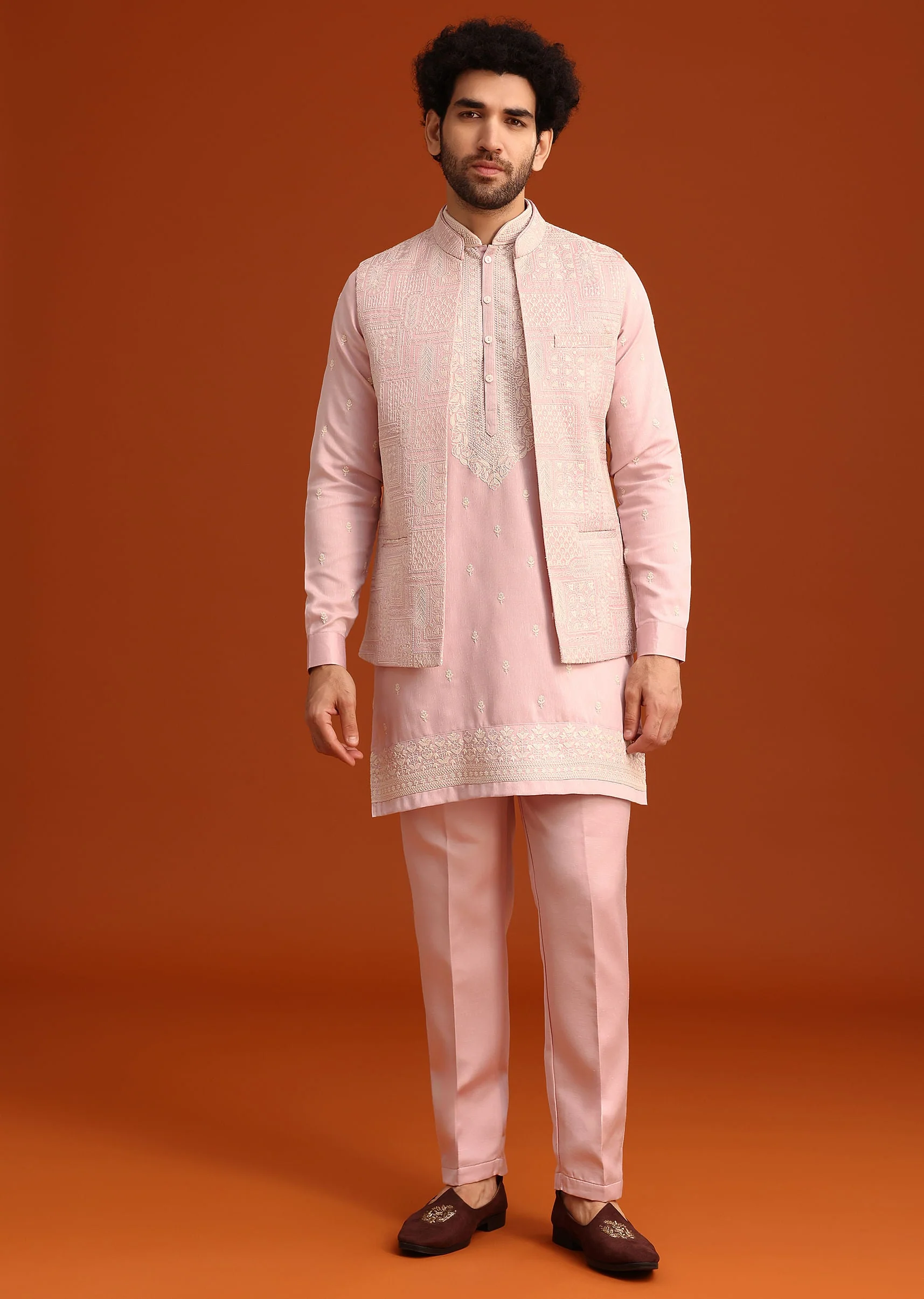 Purple Satin Embroidered Jacket Kurta Set - Image 3