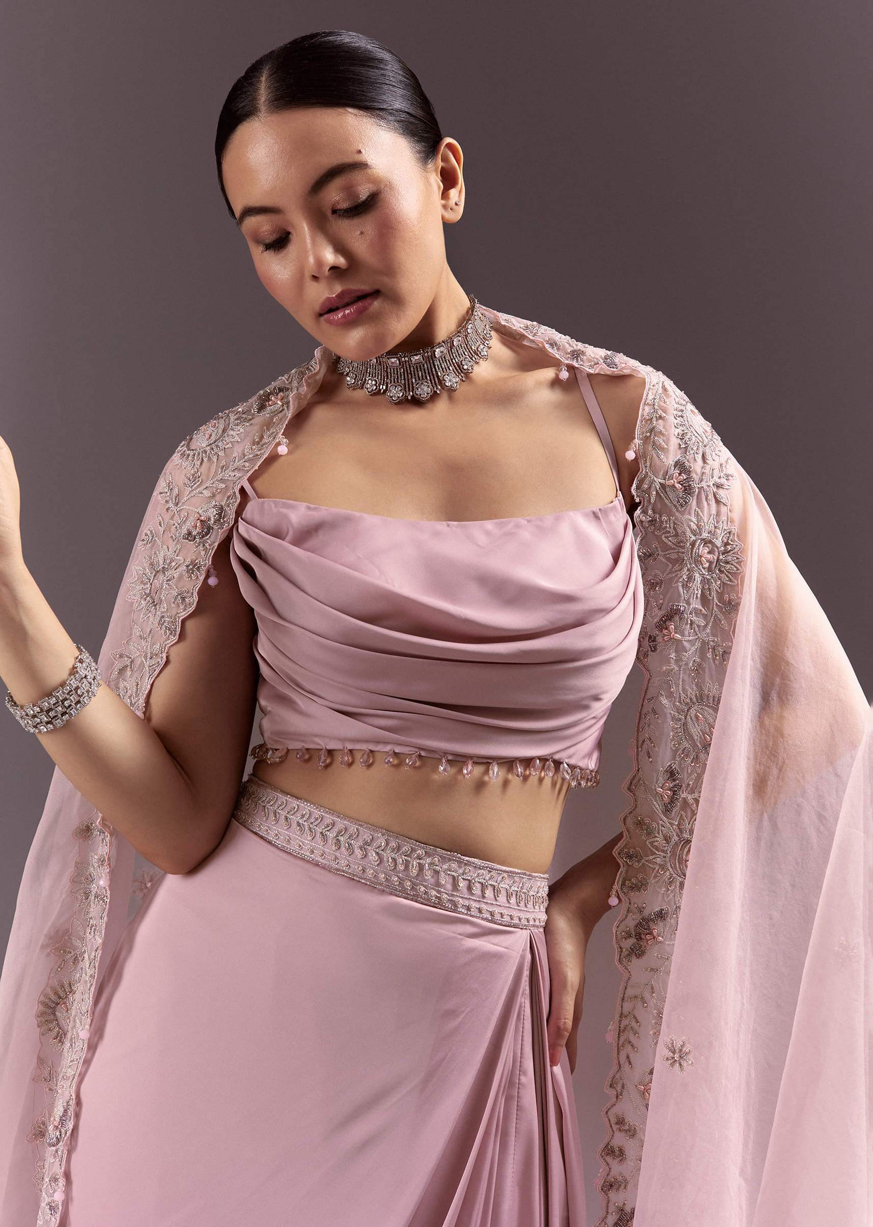 Purple Satin Indowestern Skirt With Fancy Net Blouse And Cape - Image 2