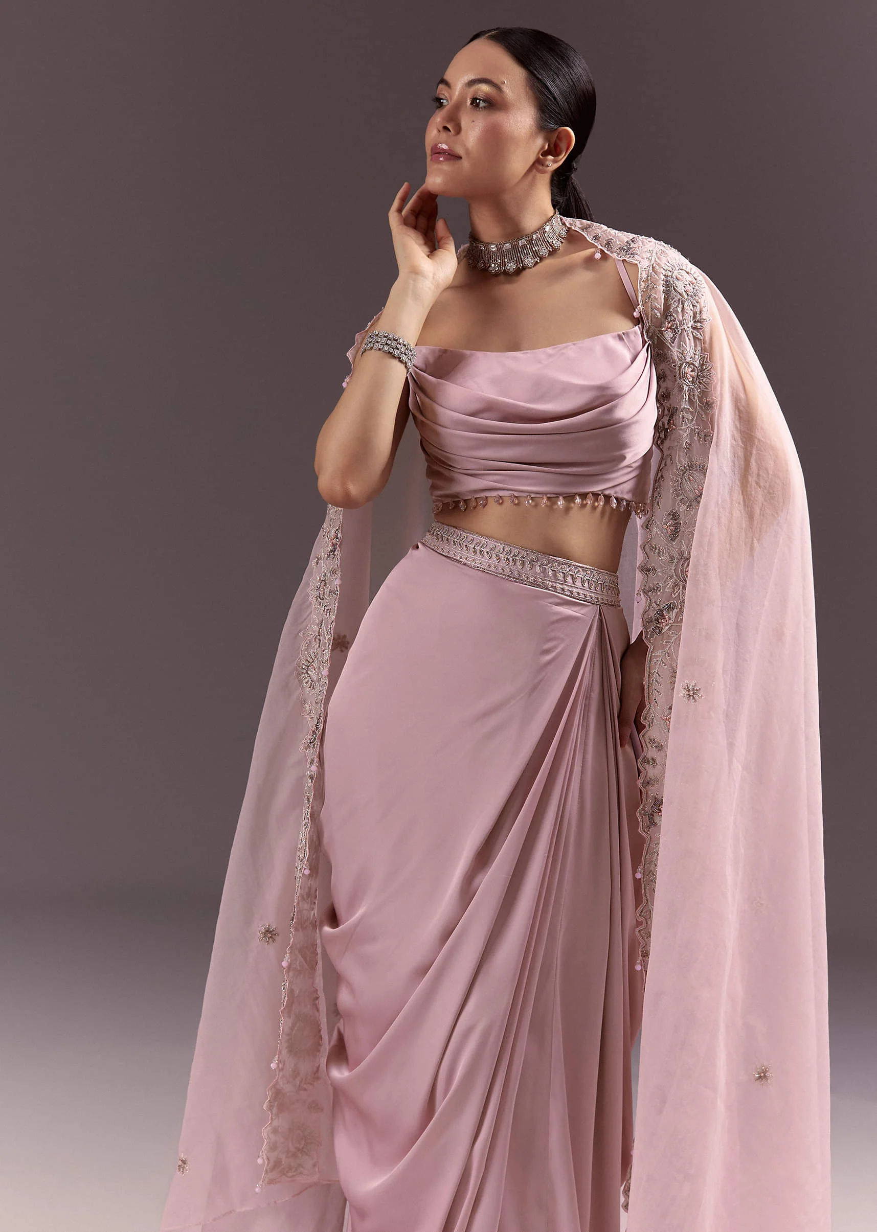 Purple Satin Indowestern Skirt With Fancy Net Blouse And Cape - Image 3
