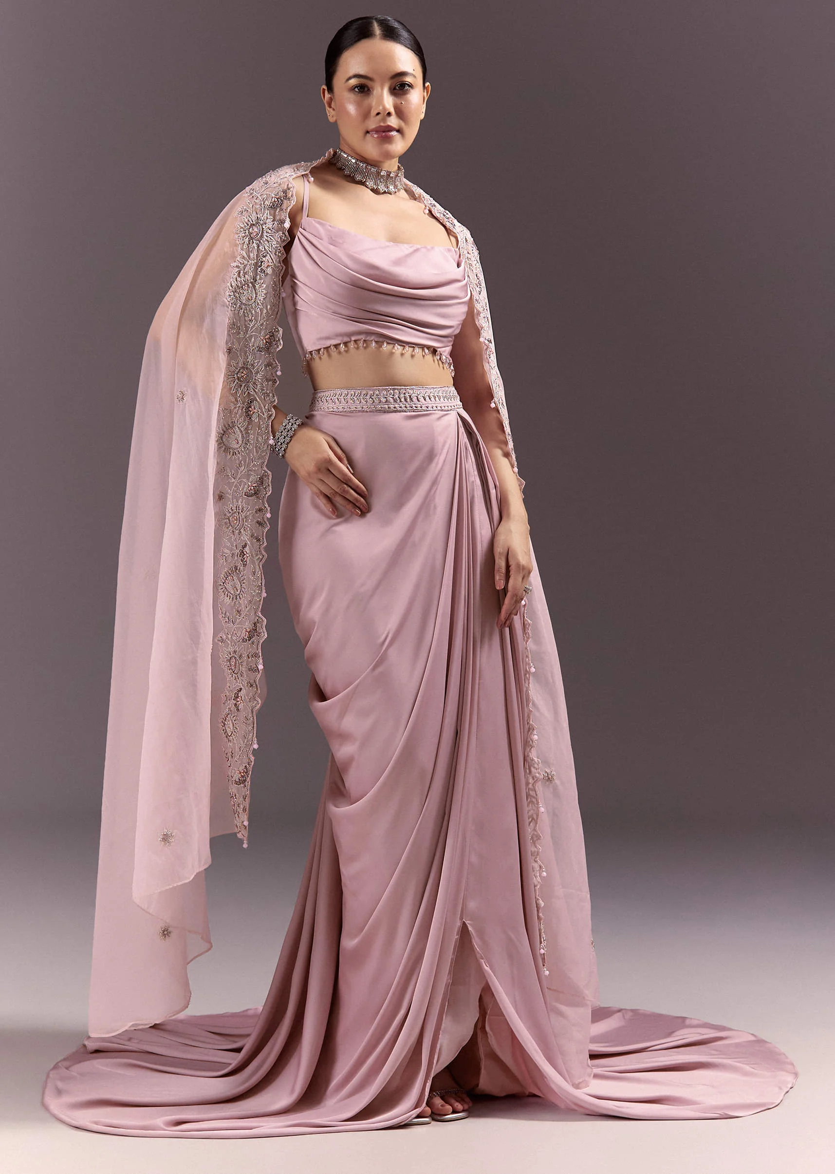Purple Satin Indowestern Skirt With Fancy Net Blouse And Cape - Image 4