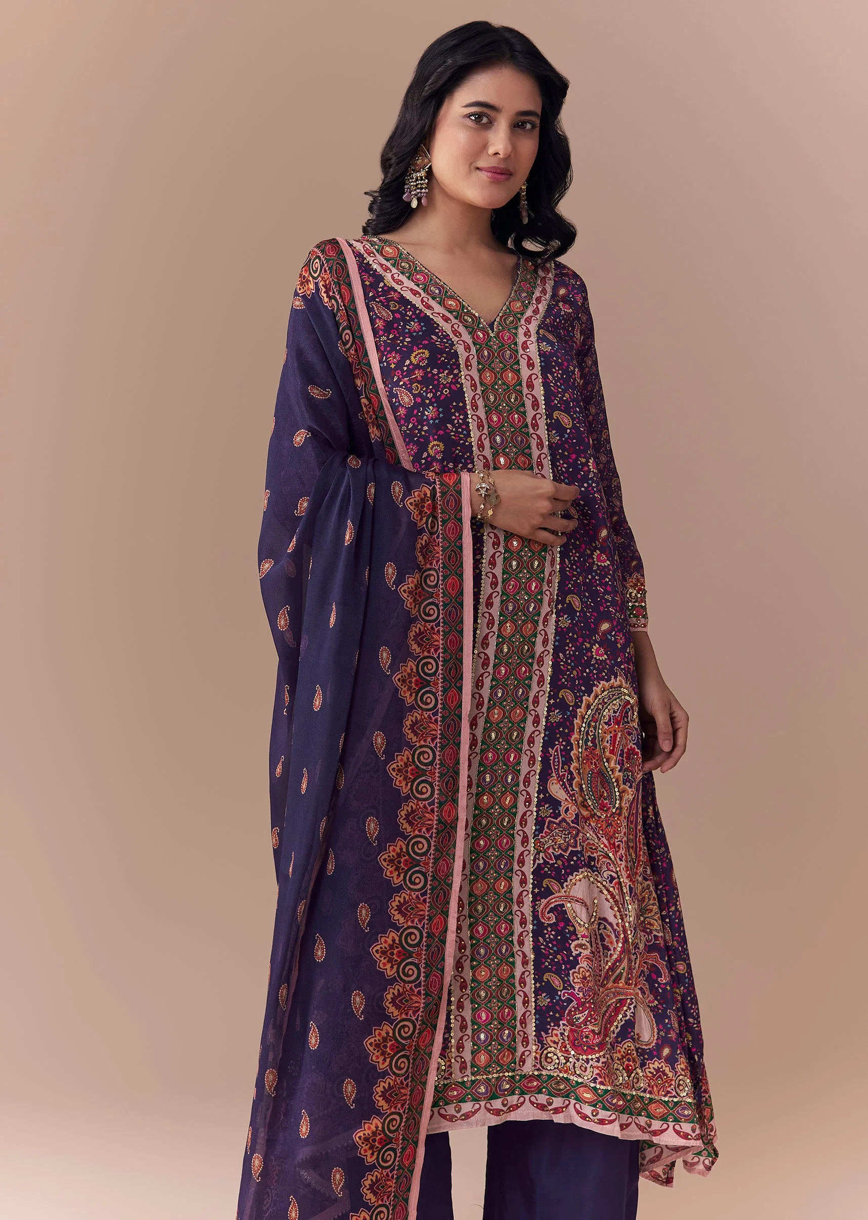 Purple Sequin Embellished Kurta Set - Image 4
