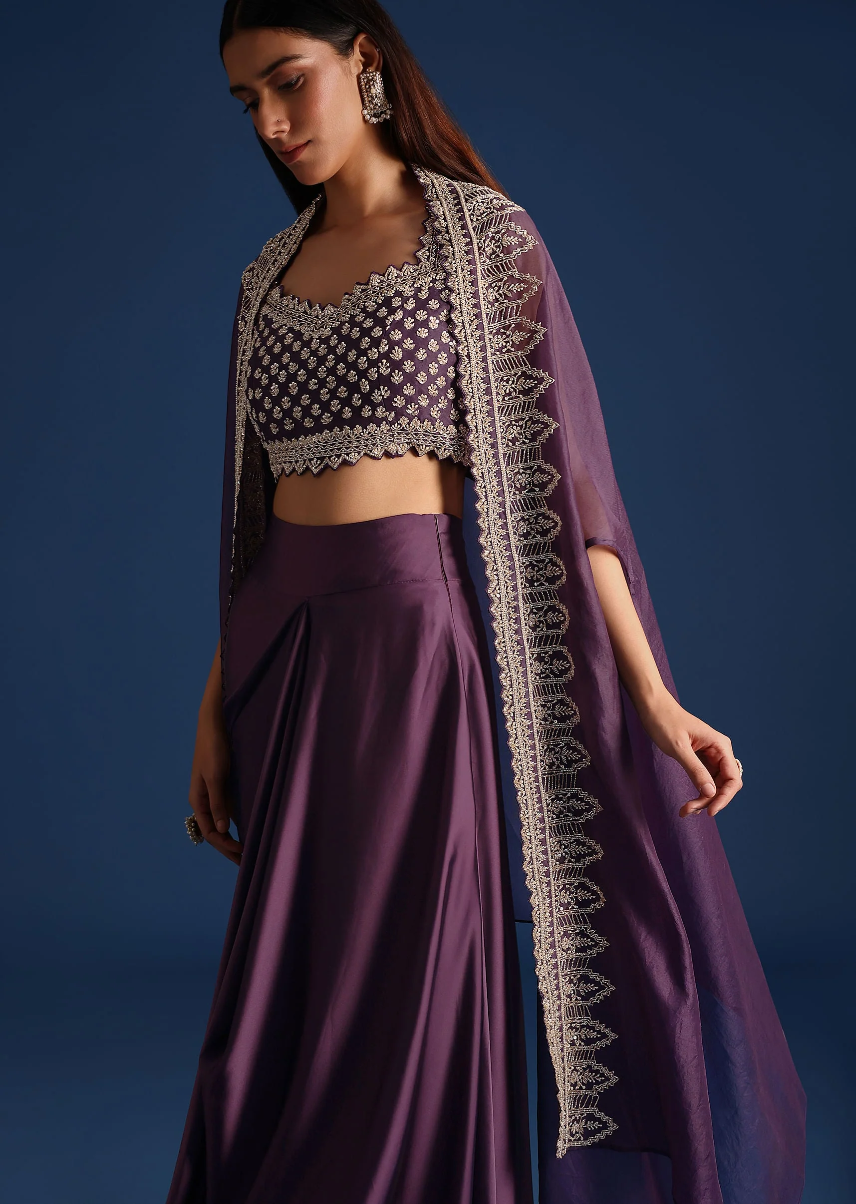 Purple Sequin Work Crop Top With Jacket And Draped Skirt - Image 4
