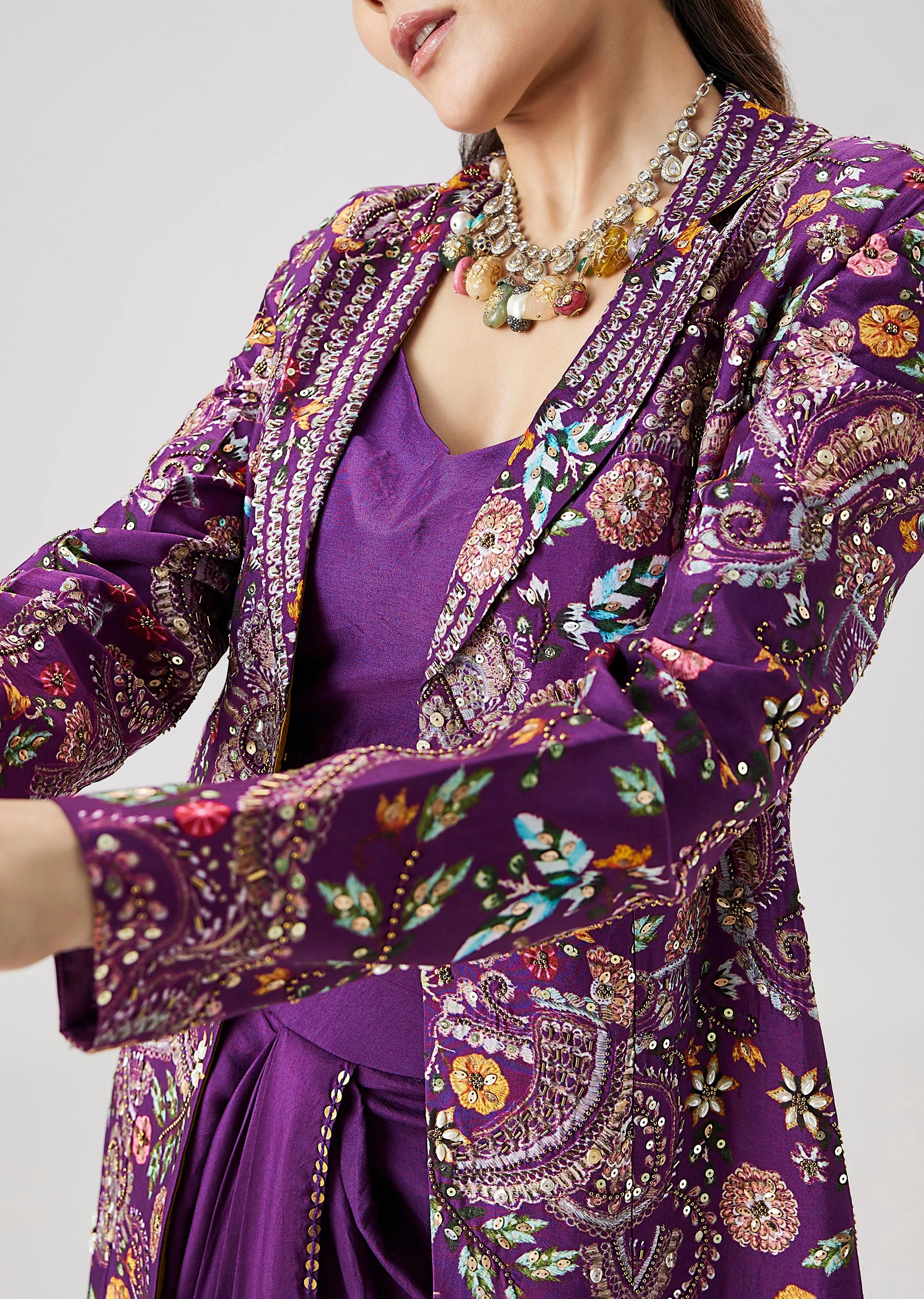 Purple Silk Crop Top Skirt Set With Printed Embellished Jacket - Image 2