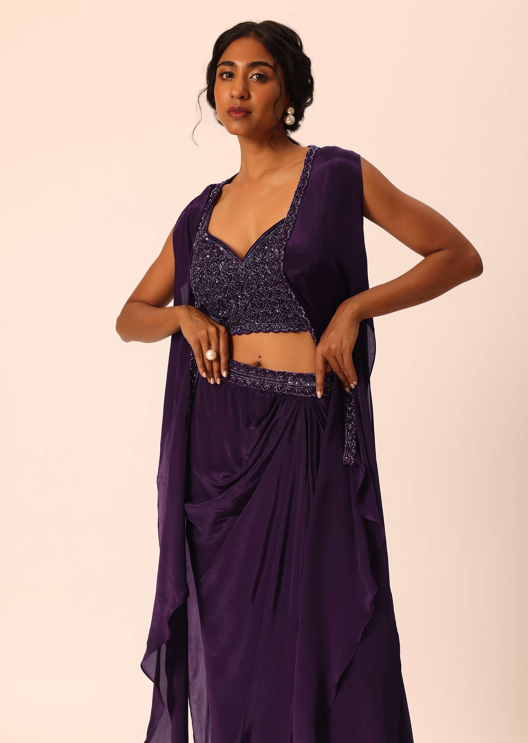 Purple Silk Jacket And Dhoti Set With Sequin Work - Image 4